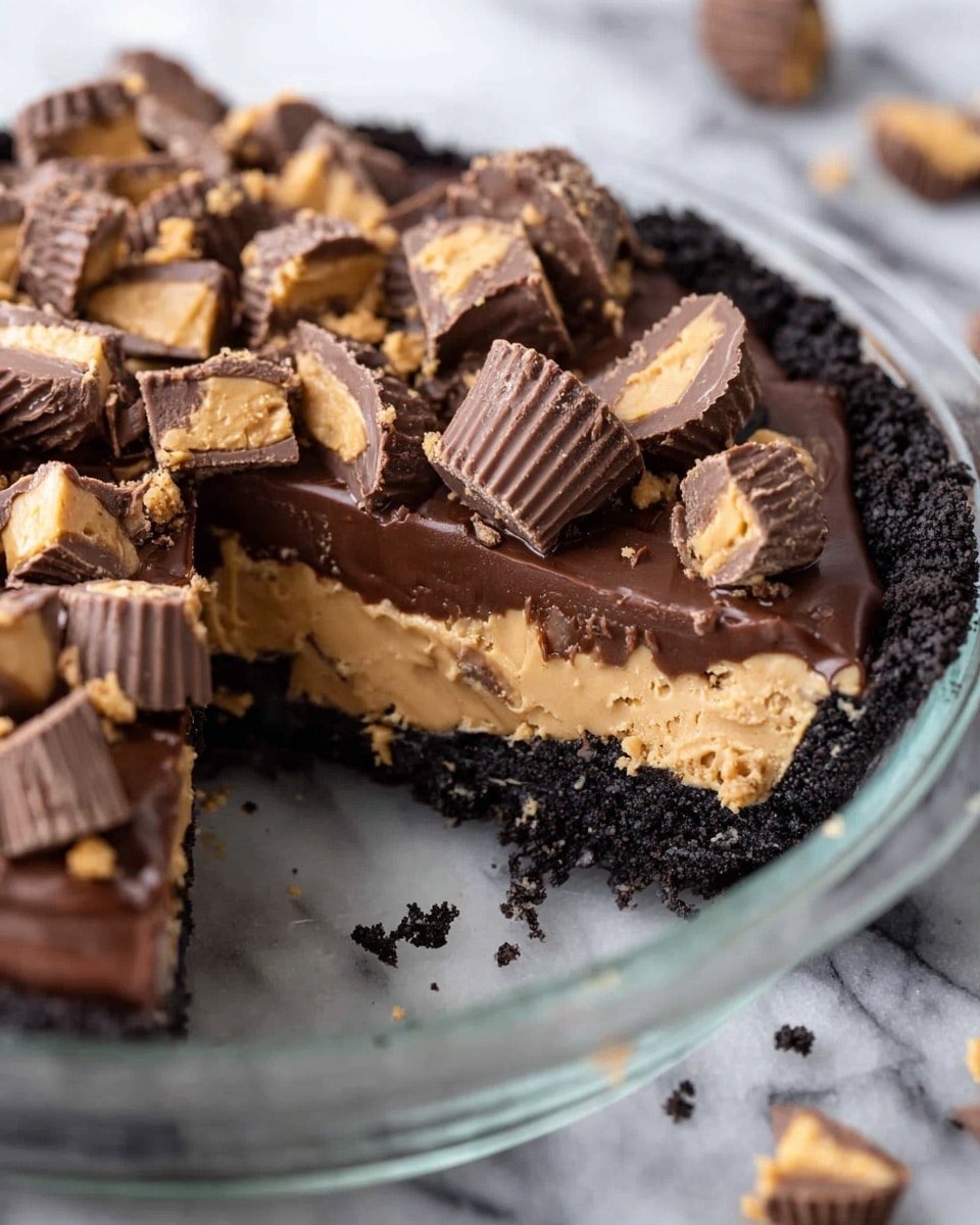 A close-up of a pie with three visible layers on a white marbled surface: the bottom layer is dark, crumbly and textured like a chocolate cookie crust, the middle layer is smooth, creamy, and light brown like peanut butter filling, and the top layer is glossy dark chocolate ganache. The pie is topped with chopped and halved peanut butter cups scattered unevenly on the chocolate layer. The pie is in a clear glass pie dish, with some pie pieces missing from the side and some peanut butter cup pieces around the dish. Photo taken with an iphone --ar 4:5 --v 7