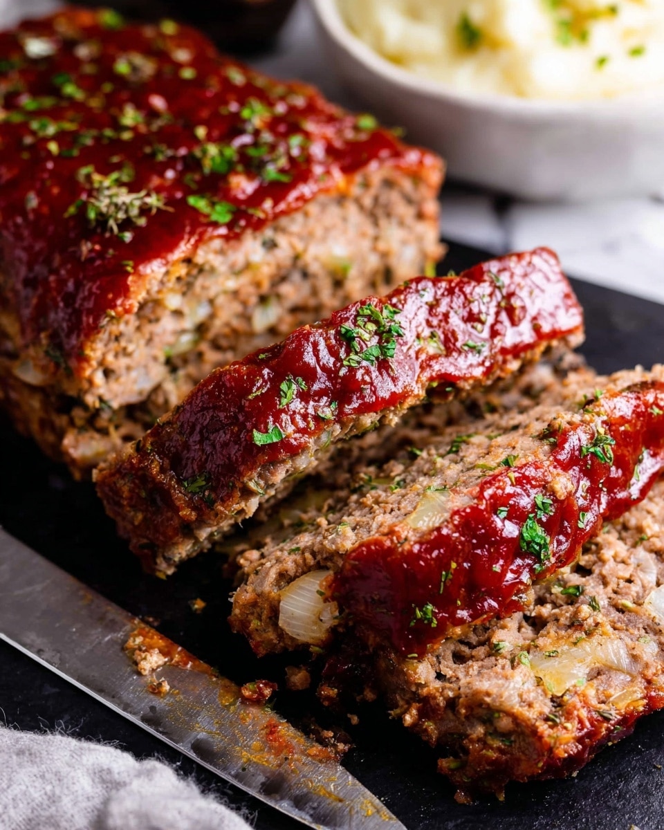 A close-up of a sliced meatloaf on a dark grey board, showing three thick slices stacked in front of the remaining loaf. The meatloaf layers are dense and brown with visible chunks of onion and meat texture inside. The top layer is covered with a glossy, dark red sauce sprinkled with small green herb bits. The board rests on a white marbled surface with some crumbs and a large knife nearby. In the background, blurred mashed potatoes in a white bowl are visible. photo taken with an iphone --ar 4:5 --v 7