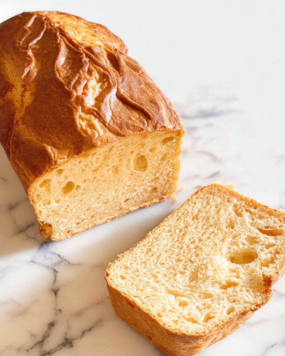 The image shows a loaf of golden brown bread with a smooth, slightly glossy top crust that has a few swirled patterns, resting on a white marbled surface. Next to the loaf is a thick, rectangular slice cut from it, revealing a soft, airy interior with small holes and a light tan color. The crust around the slice is a deeper golden brown with a slightly rough texture. The lighting is natural and bright, highlighting the bread’s warm colors and texture. photo taken with an iphone --ar 4:5 --v 7