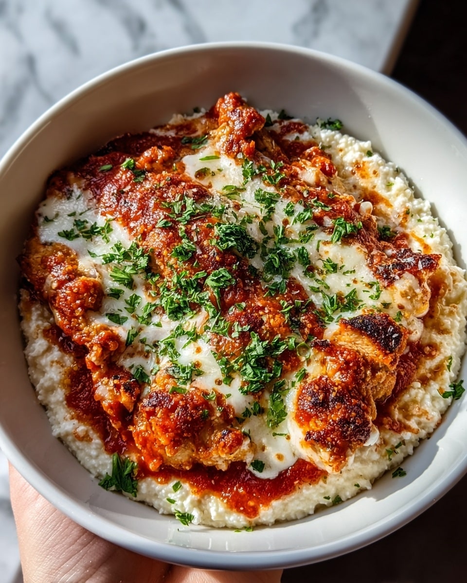 The dish is served in a white bowl filled with a base layer of white, crumbly texture that looks like ricotta or cottage cheese. On top, there are crispy golden brown chicken pieces coated in a bright red tomato sauce with well-baked spots and a slightly charred look. A layer of melted white cheese is spread unevenly over the chicken, with brown toasted spots from baking. The dish is finished with a sprinkle of finely chopped green herbs scattered on top. A woman's hand holds the bowl against a white marbled surface. photo taken with an iphone --ar 4:5 --v 7