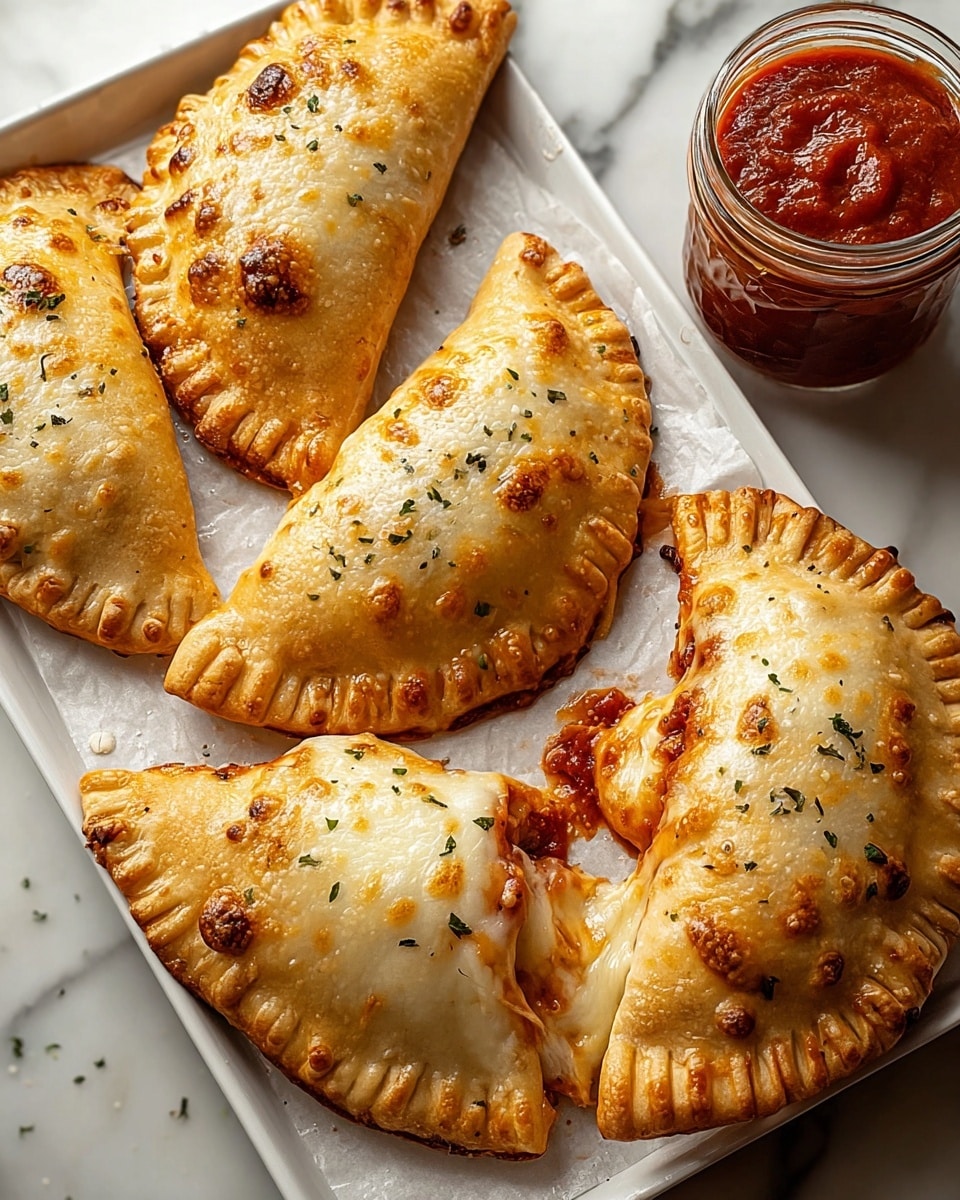 The image shows five golden-brown calzone pastries on a white tray lined with parchment paper, each with a crimped edge and bubbly melted cheese on top sprinkled with small bits of herbs. Two of the calzones have slight openings revealing a rich, chunky red tomato sauce and melted cheese inside. A small clear glass jar filled with thick red marinara sauce is placed at the top right corner on a white marbled surface. The lighting highlights the crispy texture and warm tones of the pastries. photo taken with an iphone --ar 4:5 --v 7