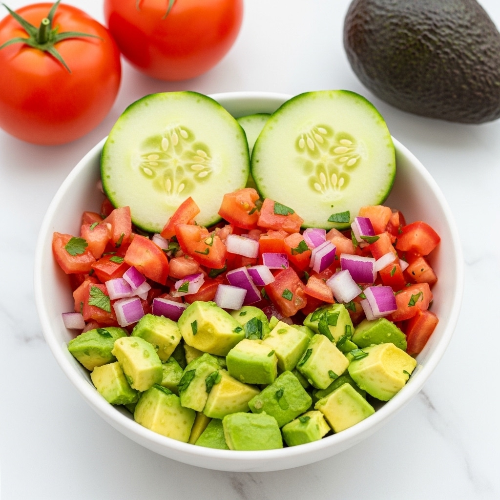 The image shows a white bowl filled with a fresh salad containing two large pale green cucumber slices on top, mixed with small diced cubes of red tomato, avocado pieces, finely chopped white and purple onion, and green herbs scattered throughout. The bowl sits on a white marbled surface with two red tomatoes and one whole avocado placed in the background, adding depth to the scene. The salad looks fresh, colorful, and mixed evenly with visible textures of the vegetables and herbs. Photo taken with an iphone --ar 4:5 --v 7