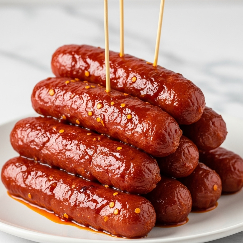 The image shows a stack of about eight glossy sausages covered in a thick, dark red sauce with visible flakes of chili. The sausages are arranged on a white plate, piled on top of each other in a slightly uneven manner. The sauce glistens in the light, giving the sausages a sticky, rich texture. Three wooden sticks are inserted into the sausages, standing upright and slightly off-center. The background and surface have a white marbled texture, enhancing the vibrant red color of the sauce. photo taken with an iphone --ar 4:5 --v 7