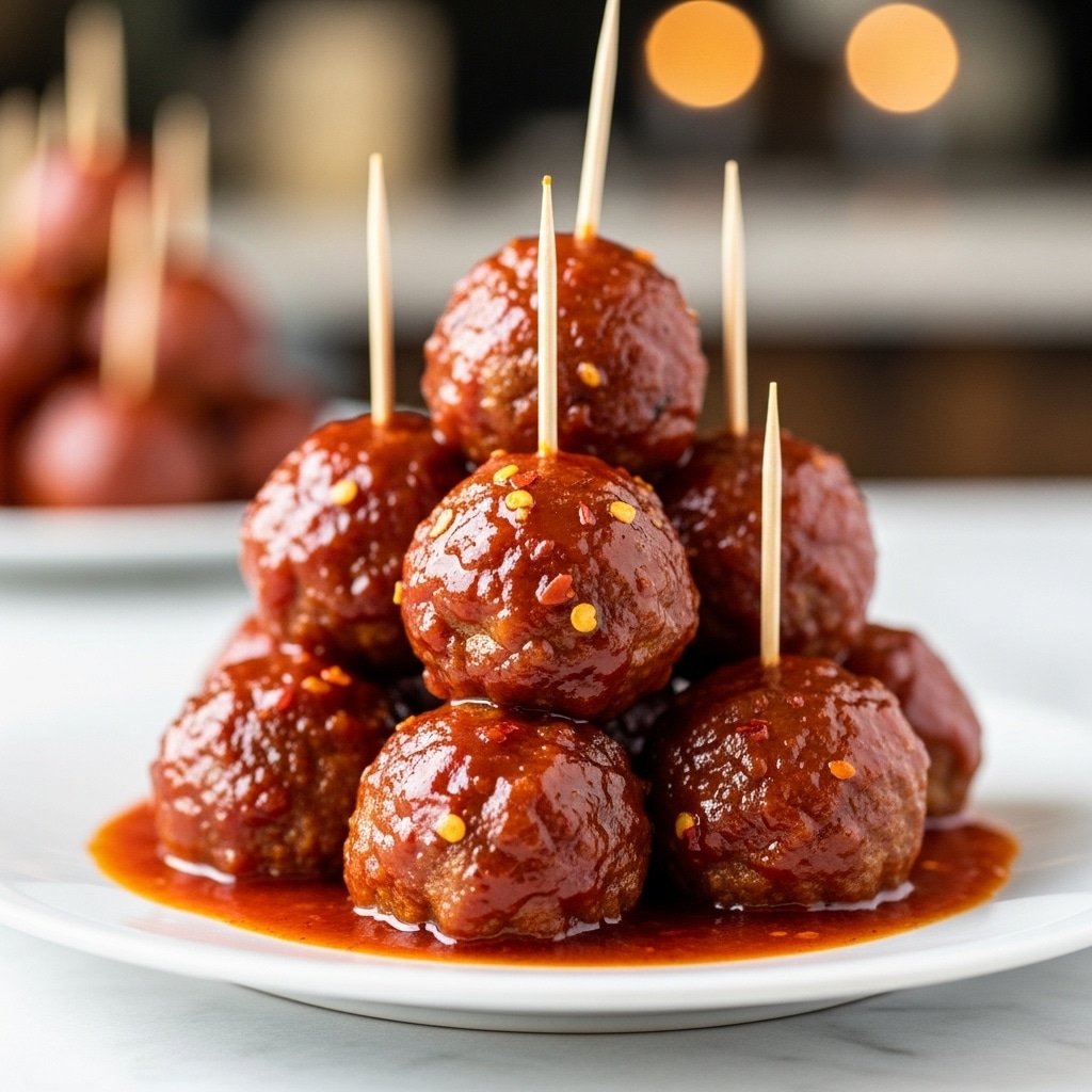 A close-up view of a stack of glossy meatballs coated in a thick, deep red sauce with visible crushed red pepper flakes. The meatballs are arranged in three layers, with glossy sauce dripping slightly onto a white plate beneath. Each meatball has a wooden toothpick inserted into the top, sticking upward. The background shows a blurred setting with warm light. The plate sits on a white marbled texture. photo taken with an iphone --ar 4:5 --v 7
