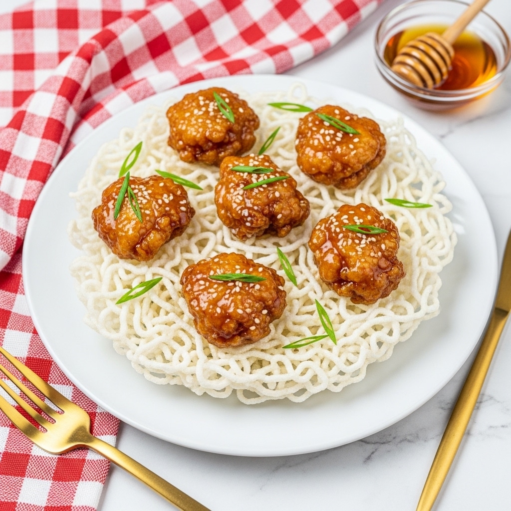 The image shows a round white plate holding a nest of crispy white fried noodles as the bottom layer, topped with several golden brown pieces of battered and fried chicken coated in a shiny orange sauce, garnished with thin strands of fresh green scallions placed diagonally on top. The plate is set on a white marbled surface with part of another plate visible in the background. photo taken with an iphone --ar 4:5 --v 7