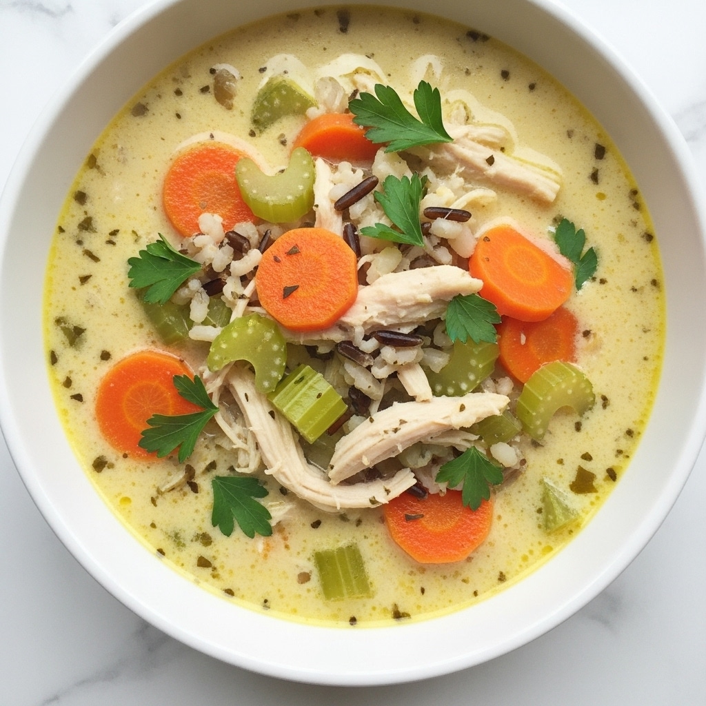 A close-up view of a bowl filled with creamy chicken and vegetable soup resting on a white marbled surface. The creamy soup base is light yellowish with visible herbs and small bits of shredded chicken mixed throughout. There are bright orange carrot slices and green celery chunks distributed evenly, along with some pieces of wild rice. Small fresh green parsley leaves are scattered on top, adding a touch of color and freshness. The bowl is white and round, contrasting softly with the colorful soup inside. Photo taken with an iphone --ar 4:5 --v 7