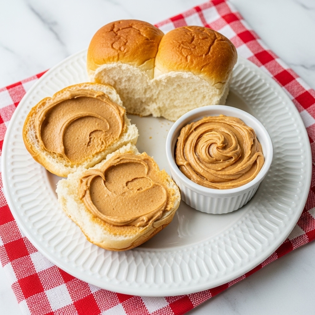 The image shows a white plate with a smaller white plate beneath it, both with a dotted texture around the edges, placed on a white marbled texture. On the top plate is a soft bread roll torn in half, with a thick layer of light brown cinnamon butter spread on the exposed side of the front half. A small white ramekin filled with more cinnamon butter sits next to the bread on the plate. A red and white checkered cloth is partially visible on the left side of the image. Photo taken with an iphone --ar 4:5 --v 7