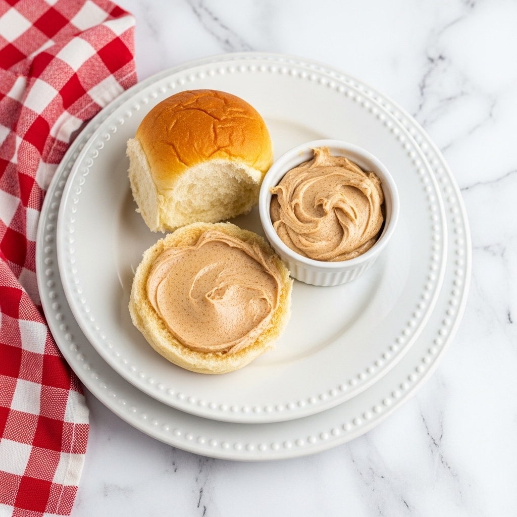 A white plate with a textured rim holds a piece of soft bread torn into two parts. One part is spread with a smooth, light brown peanut butter that has visible specs, giving it a slightly grainy look. Near the bread, a small white ramekin is filled with the same peanut butter, swirled on top with a creamy texture. The plate sits on a red and white checkered cloth on a white marbled surface. photo taken with an iphone --ar 4:5 --v 7