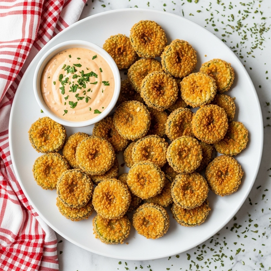 A close-up of a white bowl filled with many rounds of golden-brown fried pickles, each piece showing a crunchy and textured coating with bits of green pickle skin visible along the edges. On one side of the bowl, there is a small white square dish filled with a creamy, light orange dipping sauce that looks smooth and thick. The bowl is placed on a white marbled surface. Photo taken with an iphone --ar 4:5 --v 7