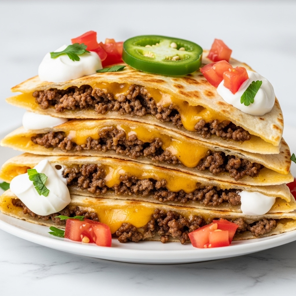 The dish shows a small round tortilla pizza on a white plate, placed on a wooden round tray over a white marbled surface. The pizza has two layers: the base is a light brown tortilla topped with a layer of red tomato sauce, covered by a thick layer of melted yellow and orange cheddar cheese. On top, there are green jalapeño slices arranged evenly, bright red chunks of tomato scattered around, and small white onion pieces along with some green cilantro leaves sprinkled over all. Around the plate, there are two whole dark green jalapeños and small bottles of red and green Tabasco sauce. Photo taken with an iphone --ar 4:5 --v 7