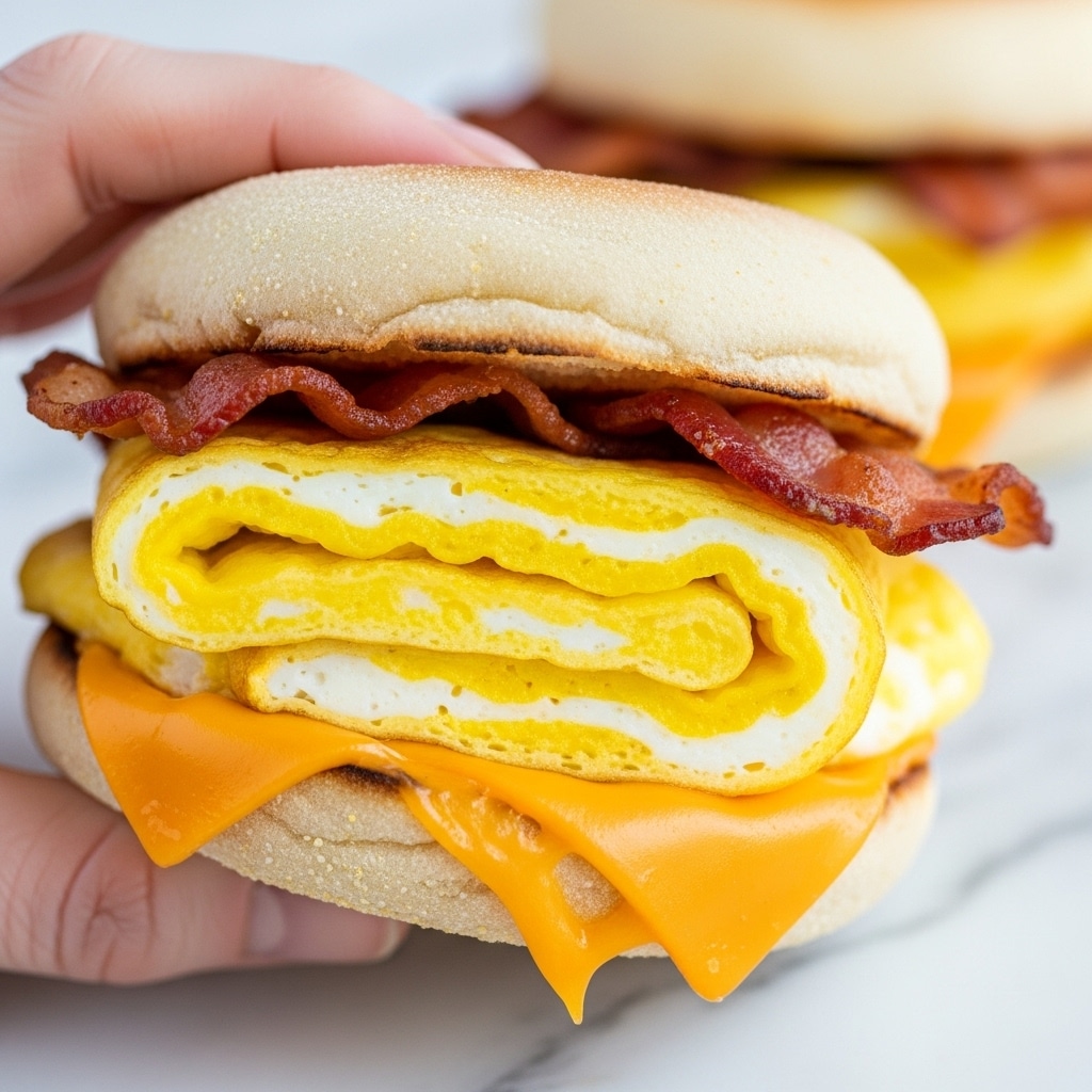 A close-up view of a breakfast sandwich held by a woman's hand, showing three main layers inside a slightly toasted, soft English muffin bun. The bottom layer is melted orange cheddar cheese that is slightly oozing out. Above that, there are folded scrambled eggs with a bright yellow and white color and fluffy texture. The top layer is crispy, dark brown bacon strips peeking from the bun. The background is a soft, white marbled surface with a blurred second sandwich. photo taken with an iphone --ar 4:5 --v 7
