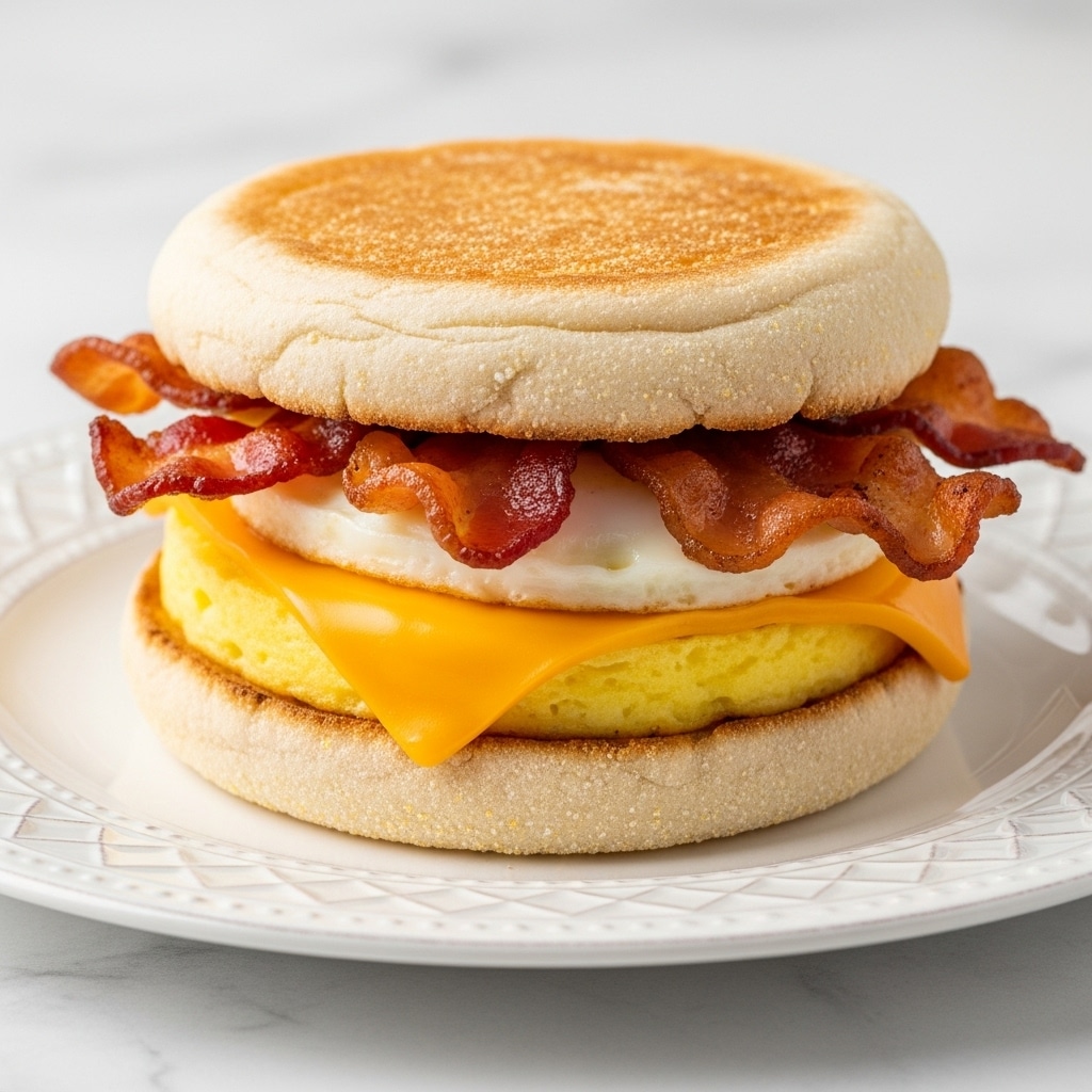 A breakfast sandwich on a white English muffin, split into two halves. The bottom layer is a golden-brown toasted muffin base. Above it is a melted slice of orange cheddar cheese, oozing slightly over the edge. On top of the cheese lies a cooked egg with a soft white texture and slightly visible yolk. Above the egg, there are several pieces of crispy, browned bacon with curly edges. The sandwich is finished with the top half of the muffin, toasted to a light golden-brown color with a slightly rough surface texture. The sandwiches sit on a white plate with a delicate patterned edge, placed on a white marbled surface. Photo taken with an iphone --ar 4:5 --v 7