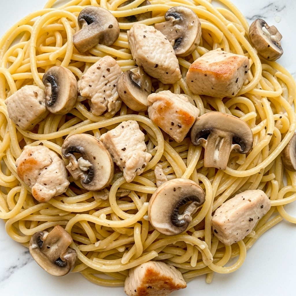 A close-up view of cooked spaghetti pasta coated lightly in a creamy sauce, mixed with pieces of cooked chicken and sliced mushrooms. The spaghetti strands are golden-yellow and intertwined, with chunks of white and brown chicken and pale brown mushrooms scattered evenly throughout. The dish sits on a white marbled textured surface, and there is no visible bowl or plate rim. The textures are soft and slightly glossy, showing the creamy, smooth sauce that binds the ingredients together. photo taken with an iphone --ar 4:5 --v 7
