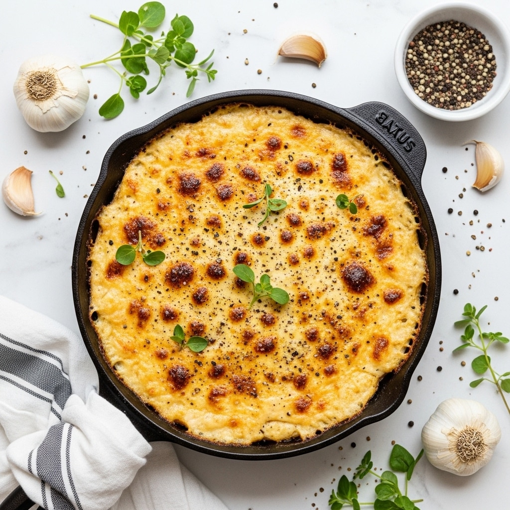 A round cast iron skillet filled with a creamy, golden-brown baked dish that has a bubbly and slightly charred top layer, dotted with small dark brown spots from broiling. The dish is garnished with fresh green herb sprigs and sprinkled with coarse black pepper. Around the skillet, there are scattered garlic cloves and fresh herbs on a white marbled surface, along with a small white bowl filled with a mix of black and white pepper. A white cloth with gray stripes is partly visible at the bottom left. Photo taken with an iphone --ar 4:5 --v 7
