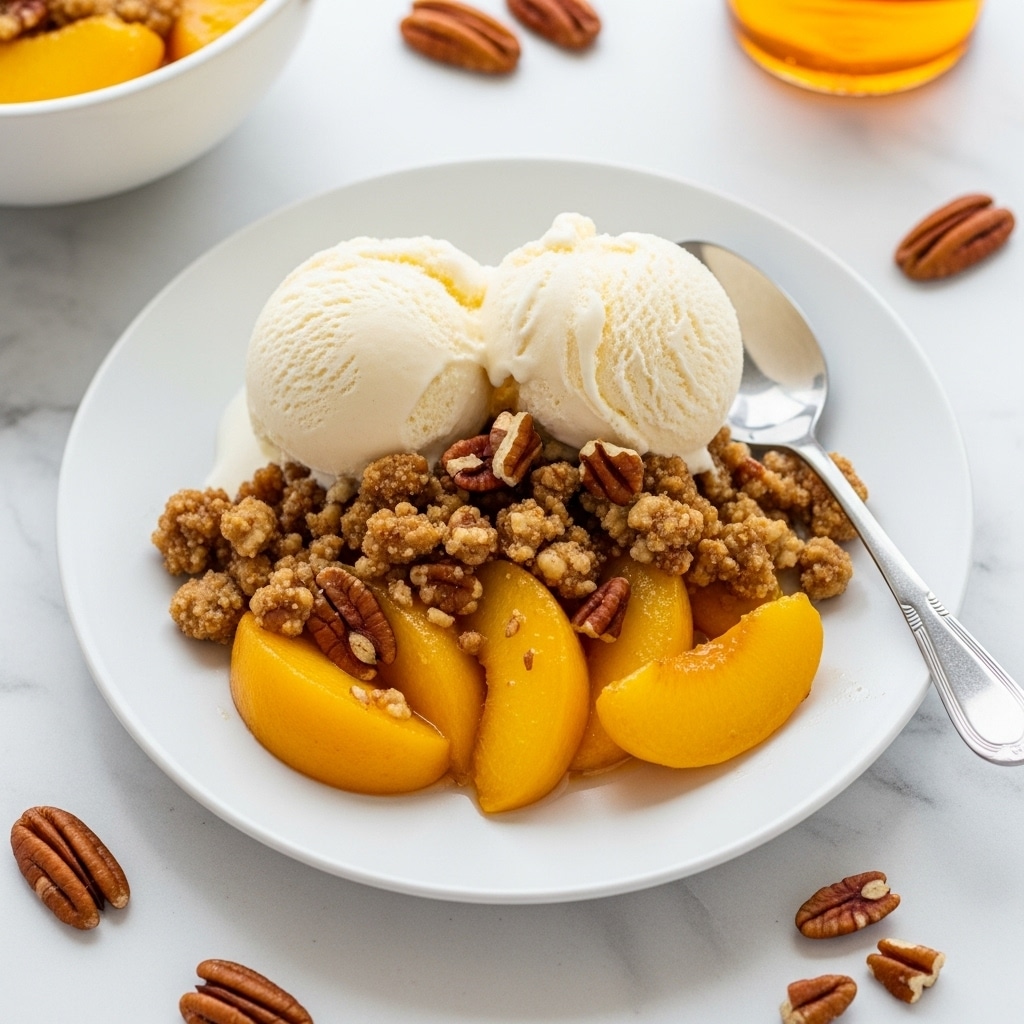 A white plate holds a dessert with three main layers: the bottom layer features soft, juicy golden peach slices, slightly caramelized and warm; the middle layer is a crumbly, golden-brown nut topping mixed with pecan pieces scattered on top and around the plate; the top layer consists of two smooth, creamy scoops of vanilla ice cream, slightly melting over the warm peaches and nuts. A silver spoon rests on the right edge of the plate with some nut pieces scattered nearby. The background shows a white marbled surface with a partially visible white bowl of more peach dessert and a bottle with amber liquid in the top right corner, along with a couple of pecans on the surface. Photo taken with an iphone --ar 4:5 --v 7