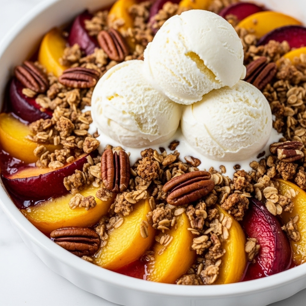 A close-up view of a baked peach dessert served in a round white dish, featuring a bottom layer of cooked peach slices with a reddish and golden color, mixed with a crunchy oat and pecan crumble topping that is golden brown and textured with whole pecans scattered around. On top, there are three scoops of creamy white vanilla ice cream melting slightly into the warm dessert, creating a contrast of smooth and chunky textures. The dish is set against a white marbled surface. photo taken with an iphone --ar 4:5 --v 7