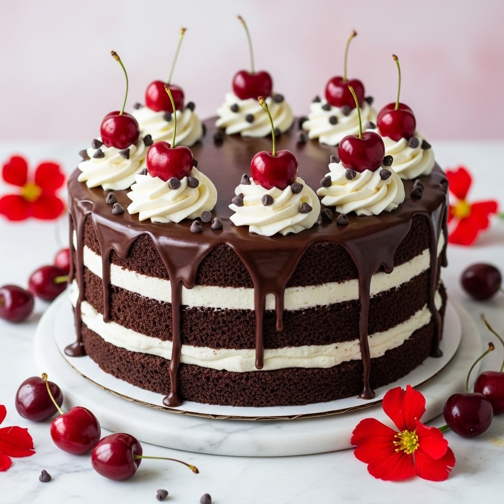 A tall slice of layered chocolate cake on a white plate, set against a soft pink background with a white marbled texture surface. The cake has four main layers of dark, moist chocolate sponge alternating with thick white cream, and a few layers show a dark red cherry filling with whole cherries visible inside. The top is covered with a thick layer of smooth chocolate glaze, dollops of white cream sprinkled with small chocolate chips, and two glossy red cherries with stems on top. Photo taken with an iphone --ar 4:5 --v 7