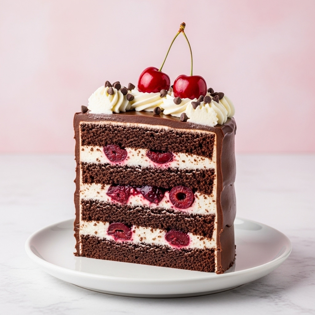 A layered chocolate cake with four visible layers of dark chocolate sponge and creamy white frosting in between and covering the outside, topped with a thick, glossy, dark chocolate ganache that drips down the sides. On top, there are evenly spaced dollops of white whipped cream, each garnished with a bright red cherry with greenish stems and small dark chocolate chips scattered over the whipped cream. The cake sits on a metal stand, surrounded by fresh cherries and red flowers on a white marbled textured surface, with a soft pink blurry background. photo taken with an iphone --ar 4:5 --v 7