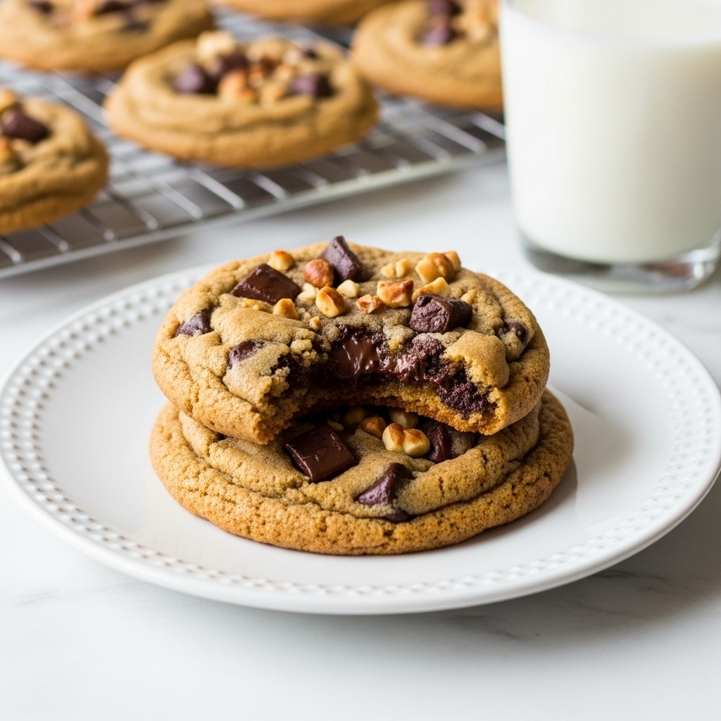 Two large chocolate chip cookies rest on a white plate with a subtle textured rim, placed on a white marbled surface. The top cookie has a bite taken out of it, showing a soft, chewy inside with melty dark chocolate chunks. The cookie texture is golden brown and slightly crispy on the edges. Scattered on top are small pieces of nuts adding a crunchy look alongside the chocolate chunks. In the background, more cookies can be seen cooling on a wire rack, and a glass of milk stands nearby, slightly out of focus. photo taken with an iphone --ar 4:5 --v 7