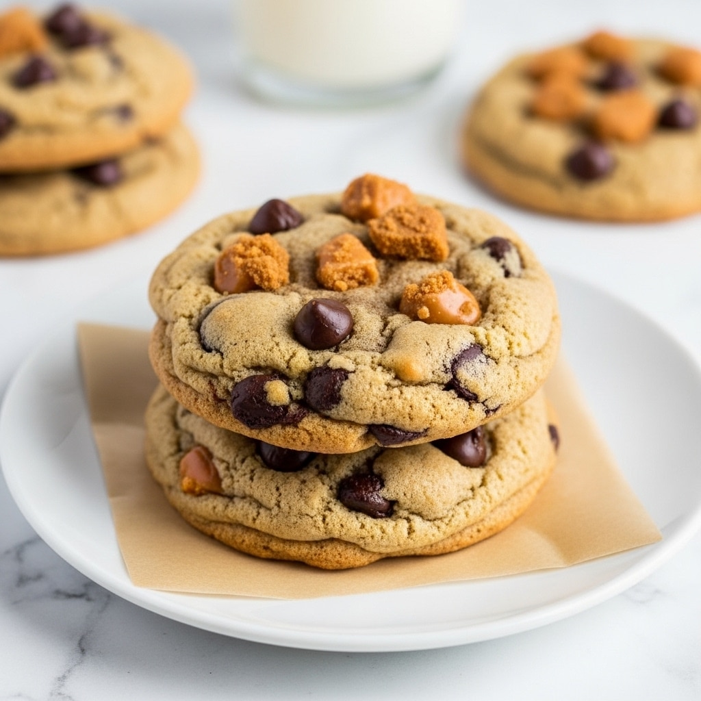 Two thick, round cookies stacked on top of each other sit in the middle of a white plate with a square piece of light brown parchment paper underneath them. The cookies are golden brown with a soft, slightly chewy texture, filled with dark chocolate chips and lighter caramel chunks scattered on the surface. Crushed bits add extra texture on top. The background is a white marbled surface that holds more cookies and a glass of milk, out of focus. photo taken with an iphone --ar 4:5 --v 7