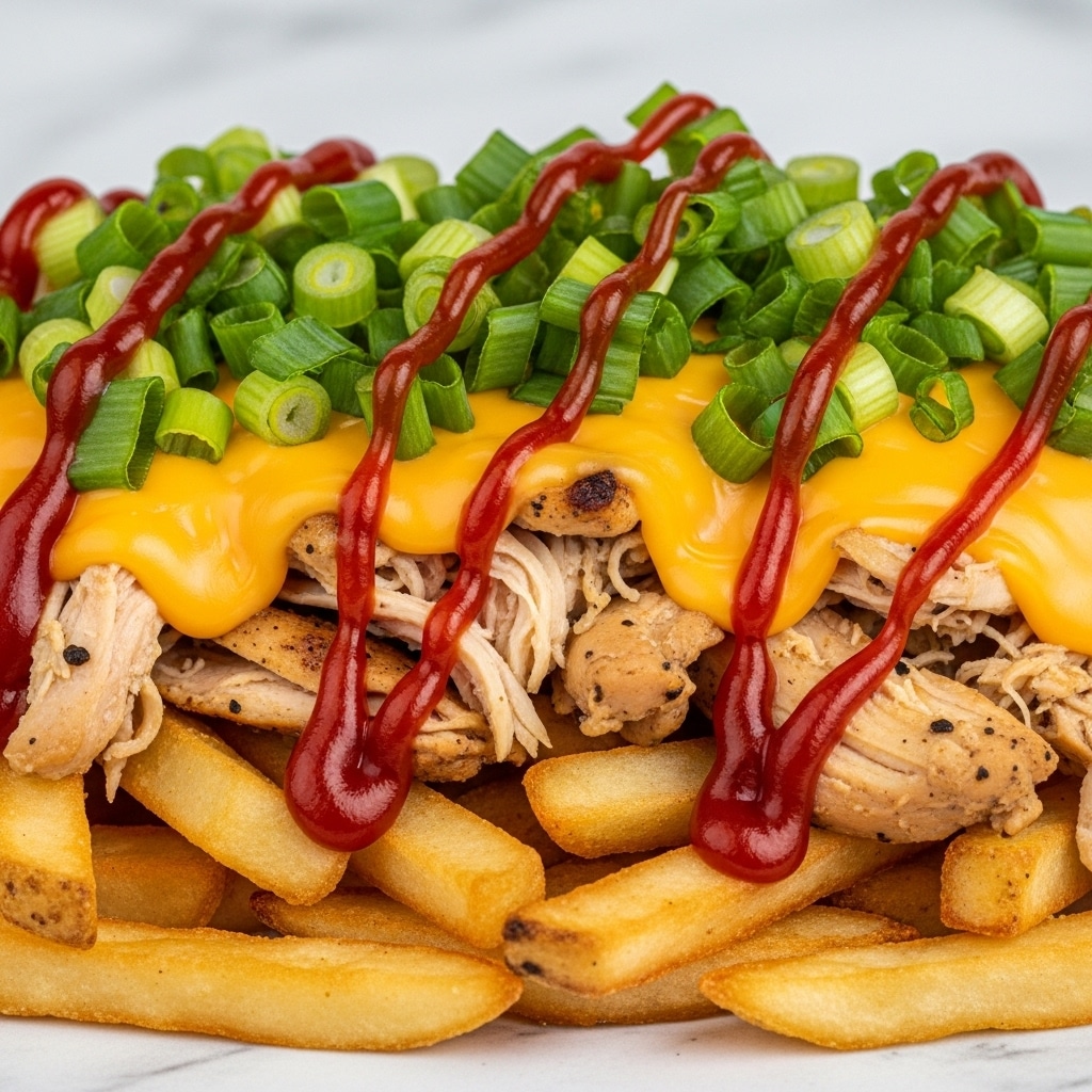 The image shows a close-up of crispy fries as the bottom layer, golden brown and crunchy in texture. On top of the fries, there is a layer of shredded, cooked chicken, slightly browned and juicy. Next, a layer of melted cheddar cheese with a smooth, creamy texture and bright yellow color spreads over the chicken. Over the cheese, fresh chopped green onions are sprinkled thickly, adding a bright green and crisp texture. The dish is finished with squiggly lines of deep red ketchup drizzled evenly across the top. The food is set against a white marbled surface. photo taken with an iphone --ar 4:5 --v 7