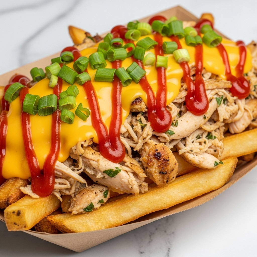 A close-up view of loaded fries with three main layers: the bottom layer is thick golden-brown fries, crispy on the outside; the middle layer is shredded grilled chicken with a light brown char and some green herbs mixed in; the top layer is melted bright orange cheese, drizzled with red ketchup in wavy lines, and sprinkled with chopped fresh green onions all over. The fries rest in a light brown paper container on a white marbled surface. Photo taken with an iphone --ar 4:5 --v 7