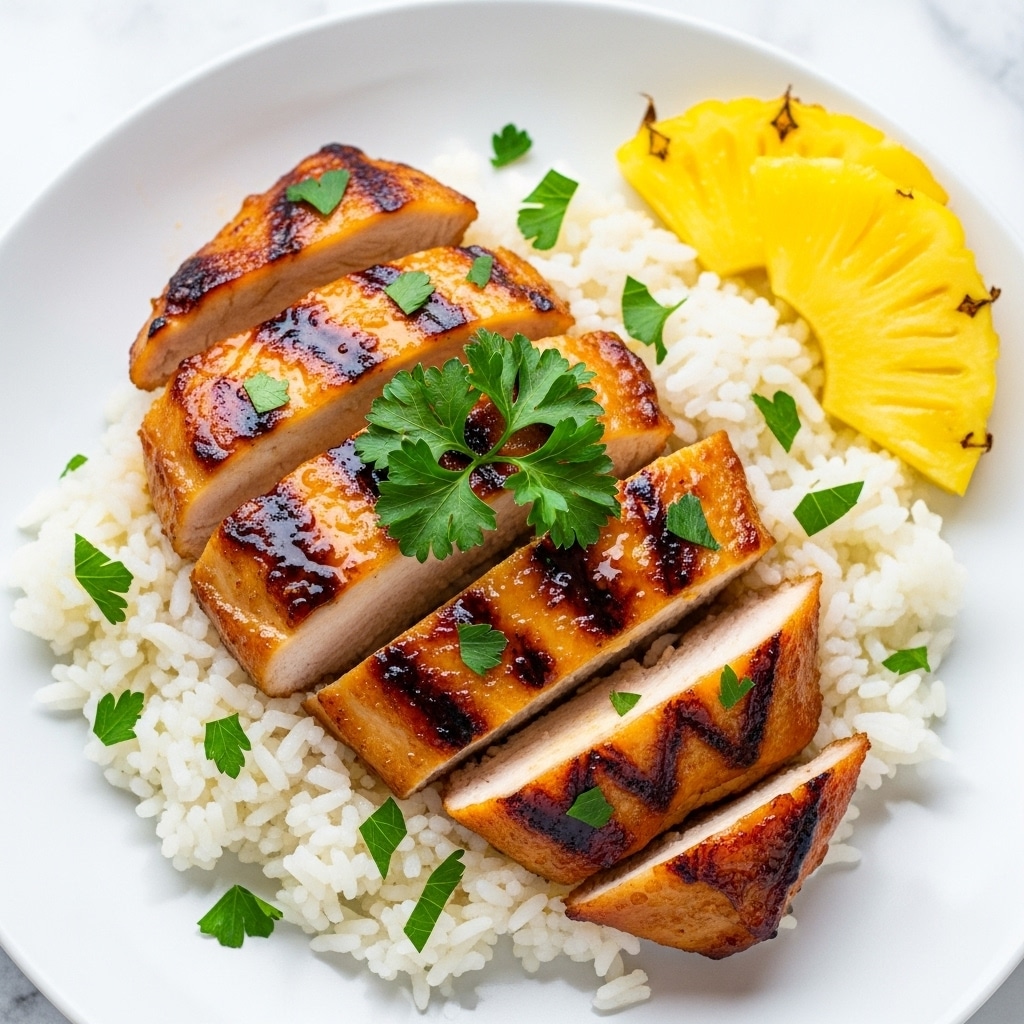 The dish shows a piece of grilled chicken cut into thick, shiny slices with a golden-brown glaze on top, placed on a bed of fluffy white rice. Bright green parsley leaves are sprinkled lightly over the chicken and rice, with a small bunch of parsley sitting on top of the chicken. On the side, there is a bright yellow slice of pineapple adding a fresh touch. All elements are on a white plate with a white marbled surface in the background. photo taken with an iphone --ar 4:5 --v 7