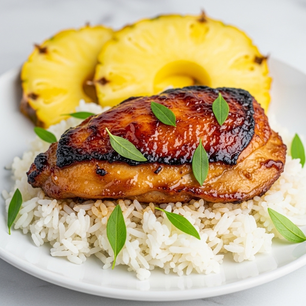 The dish shows a piece of glazed, browned chicken with a shiny caramelized top layer, placed on a bed of fluffy white rice that forms the bottom layer with a slightly uneven texture. There are bright green herb leaves scattered on the rice and chicken, adding color contrast. Behind the chicken, two thick slices of yellow pineapple are positioned in the background, resting on a white plate. The whole scene is set on a surface with a white marbled texture. photo taken with an iphone --ar 4:5 --v 7