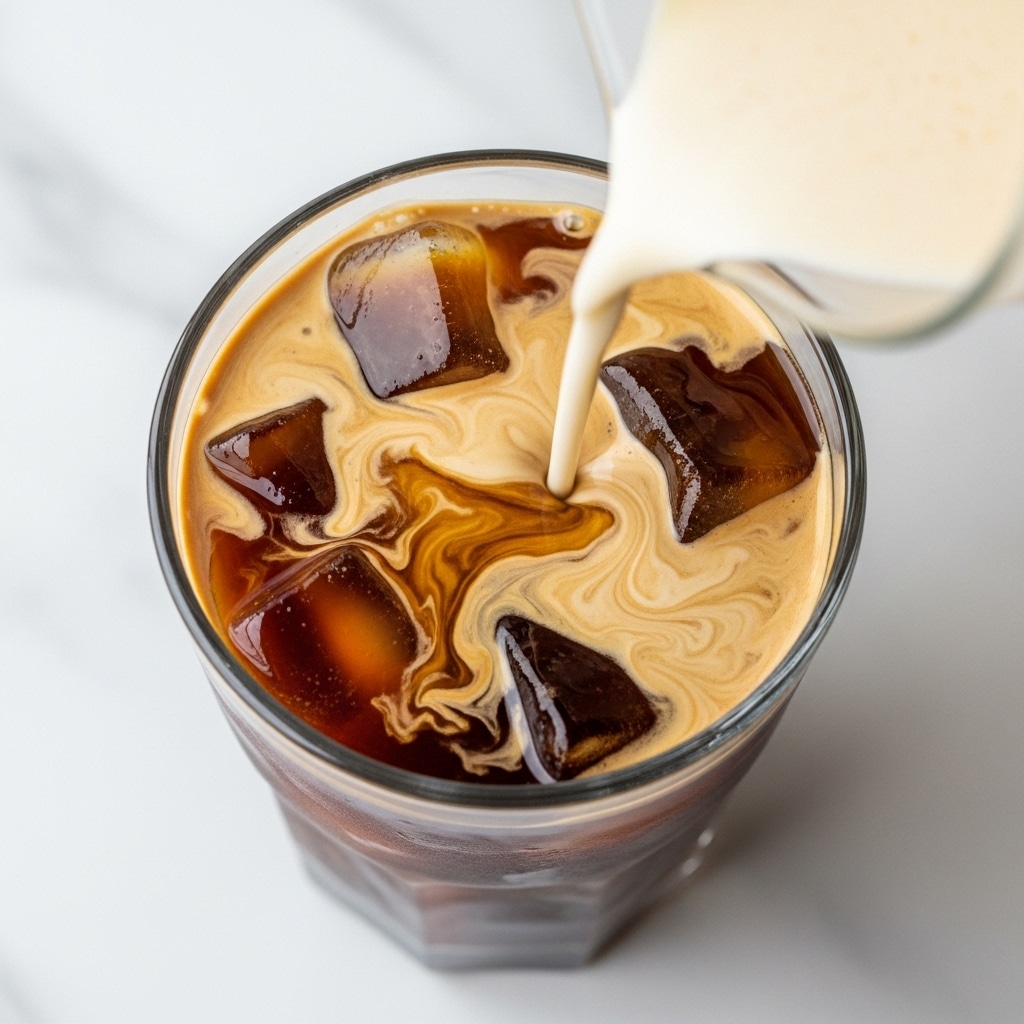 A clear glass filled with dark espresso coffee at the bottom, showing swirling motion as creamy light beige foam is poured over large ice cubes on top, creating a smooth gradient from dark brown to tan with visible swirling patterns in the glass. The creamy foam is flowing gently from a glass pitcher above into the glass. The scene is set on a white marbled surface. photo taken with an iphone --ar 4:5 --v 7