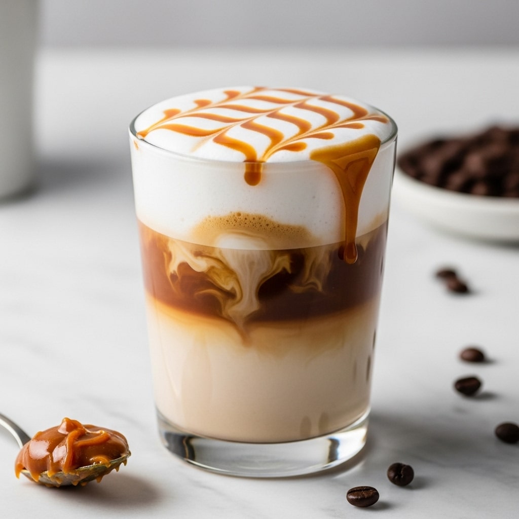 A clear glass filled with three layers: the bottom layer is creamy light brown coffee, the middle layer shows swirling milk creating a marbled light and dark brown effect, and the top layer is a thick white foam with a drizzle of smooth caramel sauce in wavy lines overflowing slightly on one side. The glass sits on a white marbled surface with scattered coffee beans nearby and a spoon with a dollop of caramel paste to the side. The background is softly blurred to keep focus on the drink. Photo taken with an iphone --ar 4:5 --v 7