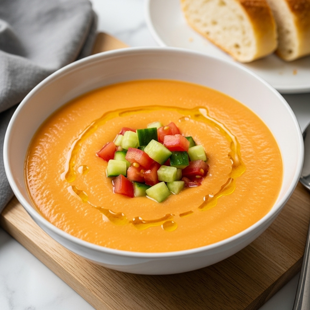 A white bowl filled with smooth orange soup that has a creamy texture, topped with small cubes of green cucumber and red tomato placed in the center. There is a light drizzle of oil on the soup's surface creating a shiny, slightly swirled effect. The bowl sits on a light wooden board, and in the background, there is a white plate with a slice of bread that has a golden crust. The scene is set on a white marbled surface with a grey cloth partly visible. Photo taken with an iphone --ar 4:5 --v 7