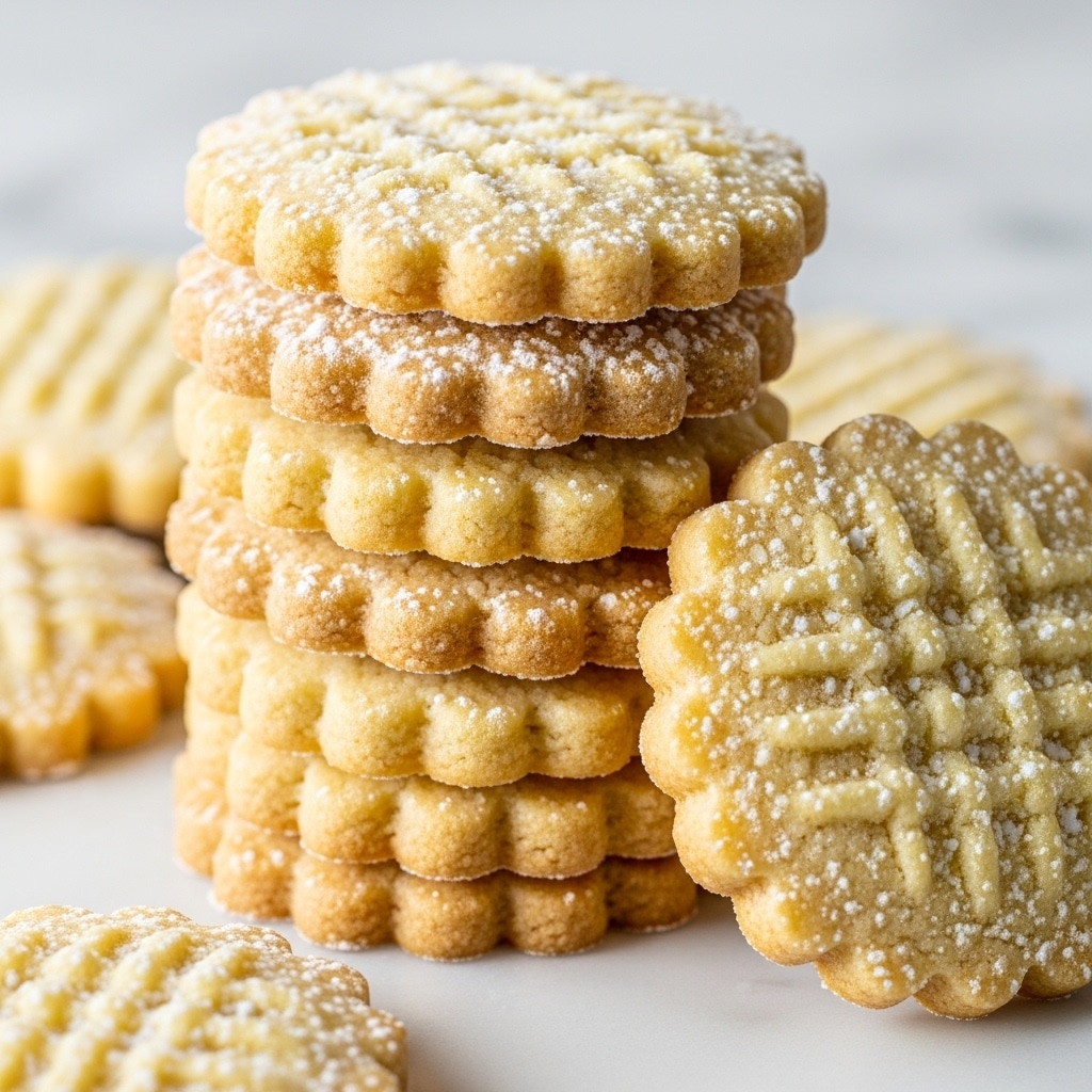 The image shows a tall stack of seven round cookies with a golden-brown color and slightly crumbly texture, with a light dusting of white sugar on top. To the right of the stack, there is a single cookie lying flat, showing its cracked surface and soft yellow inside. Both the stack and single cookie rest on a white plate placed on a white marbled surface. A woman's hand is about to pick up one of the cookies from the stack. Photo taken with an iphone --ar 4:5 --v 7