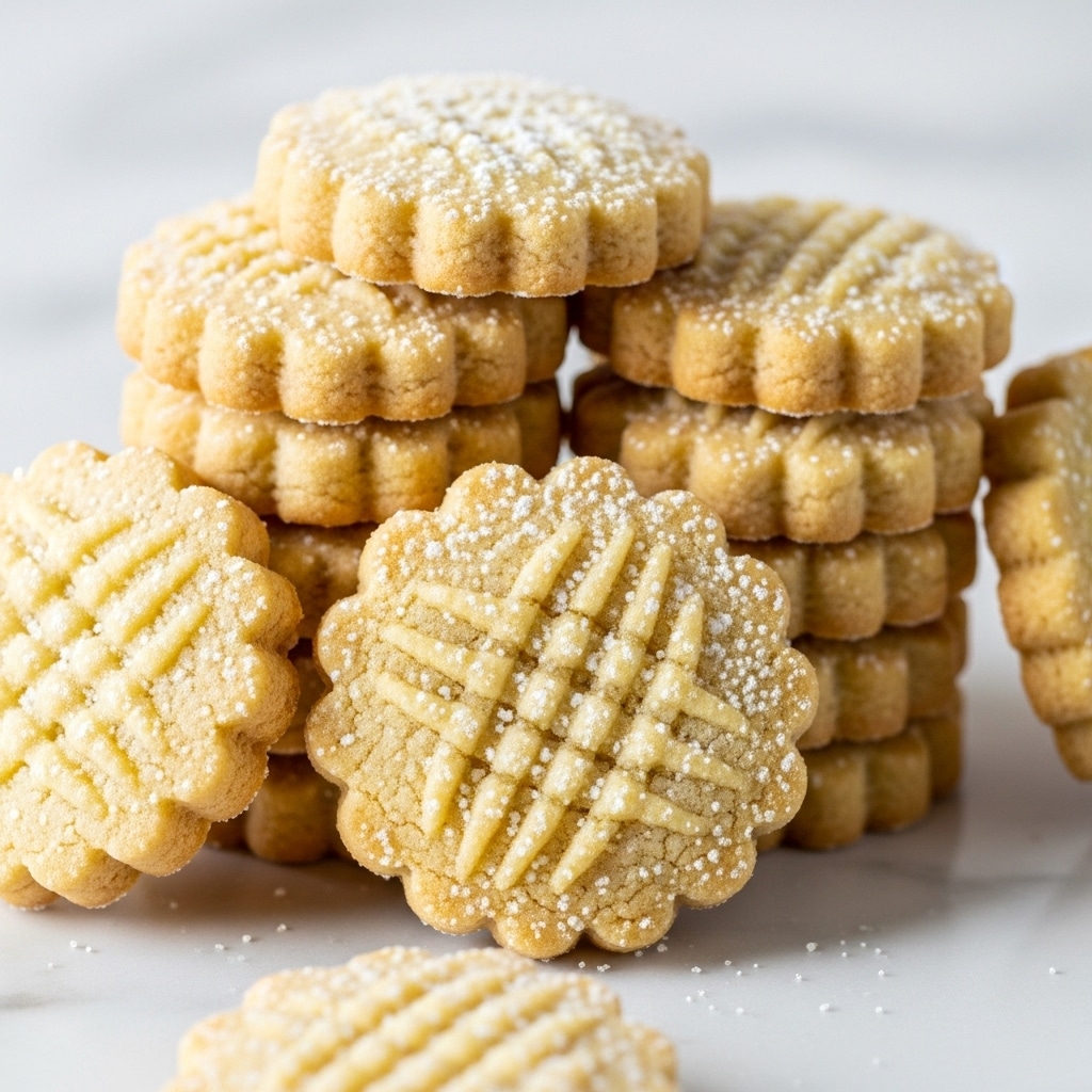 This image shows a close-up stack of twelve round, pale yellow cookies with scalloped edges. Each cookie has a textured pattern on top, some with a crisscross design and others more flat. The cookies are dusted lightly with white powdered sugar, giving a soft snowy look. The stack is placed on a white marbled surface, and the cookies appear crumbly and soft with tiny sugar crystals sprinkled over them. The photo captures the cookies from a slightly low angle, emphasizing their thickness and texture, photo taken with an iphone --ar 4:5 --v 7