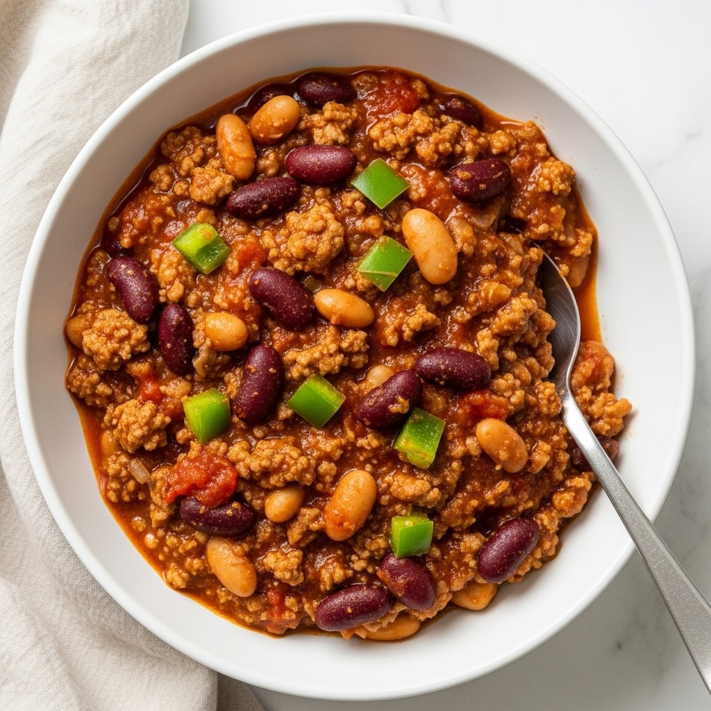 A white bowl filled with thick chili, showing layers of rich, brownish-red sauce mixed with ground meat pieces, dark red kidney beans, lighter tan beans, and small chunks of green peppers scattered evenly throughout. The chili has a slightly chunky texture with visible bits of tomatoes and spices in the sauce. A silver spoon is partially submerged in the chili on the right side of the bowl, which is set on a white marbled surface next to a light beige cloth. Photo taken with an iphone --ar 4:5 --v 7