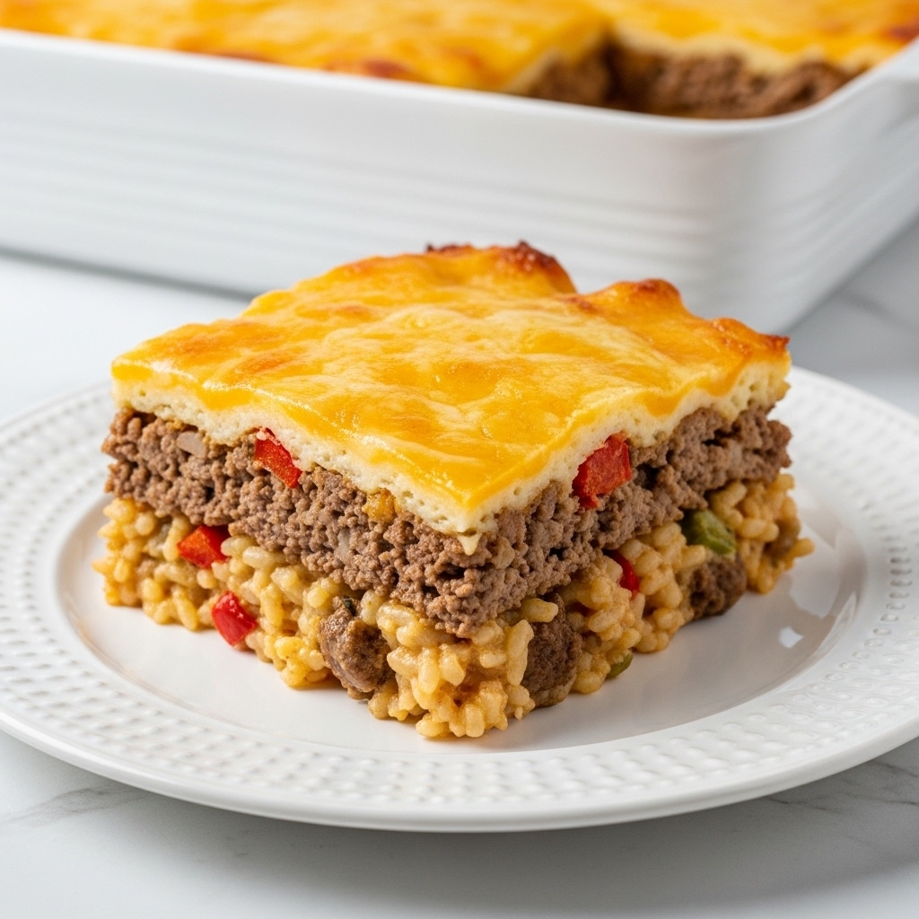 A close-up of a square piece of cheesy casserole placed on a white round plate with textured edges, showing multiple layers: a golden melted cheese layer on top with a slightly browned crust, beneath it a thick layer of mixed cooked beef and rice with visible bits of red bell peppers and onions, then a base layer with a creamy sauce mixed with more rice and small vegetables. The casserole dish behind the plate is rectangular, white, and filled with the same cheesy mixture. The setting is on a white marbled surface. Photo taken with an iphone --ar 4:5 --v 7