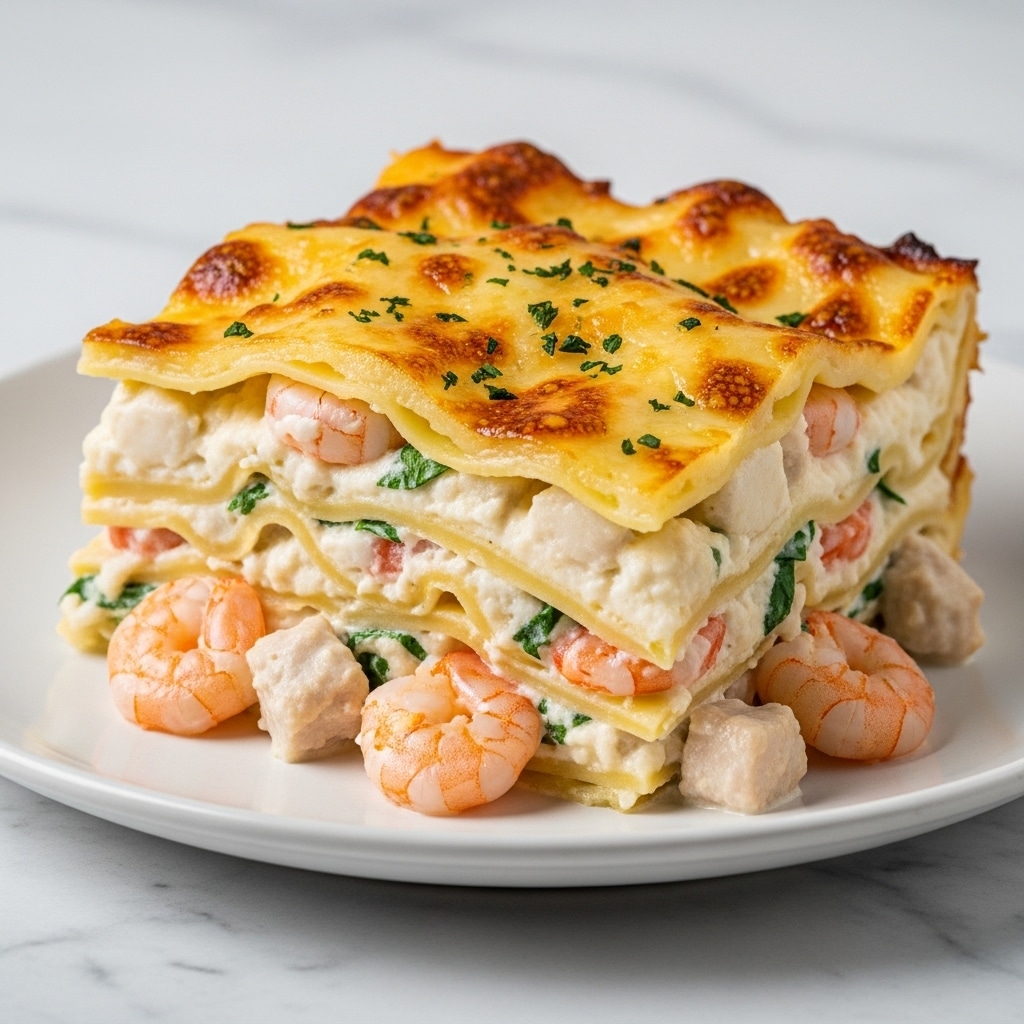 The image shows a thick slice of creamy lasagna served on a white plate, placed on a white marbled surface. The lasagna has multiple visible layers: a golden-brown baked cheese top layer with toasted spots and green herb sprinkles, beneath which are thick layers of white creamy sauce mixed with pink shrimp and green herbs. The pasta sheets separate these creamy layers, and the edges reveal chunks of tender shrimp and bits of white meat in a rich sauce. The overall texture looks soft and moist with a bubbly, melted cheese finish on top. Photo taken with an iphone --ar 4:5 --v 7