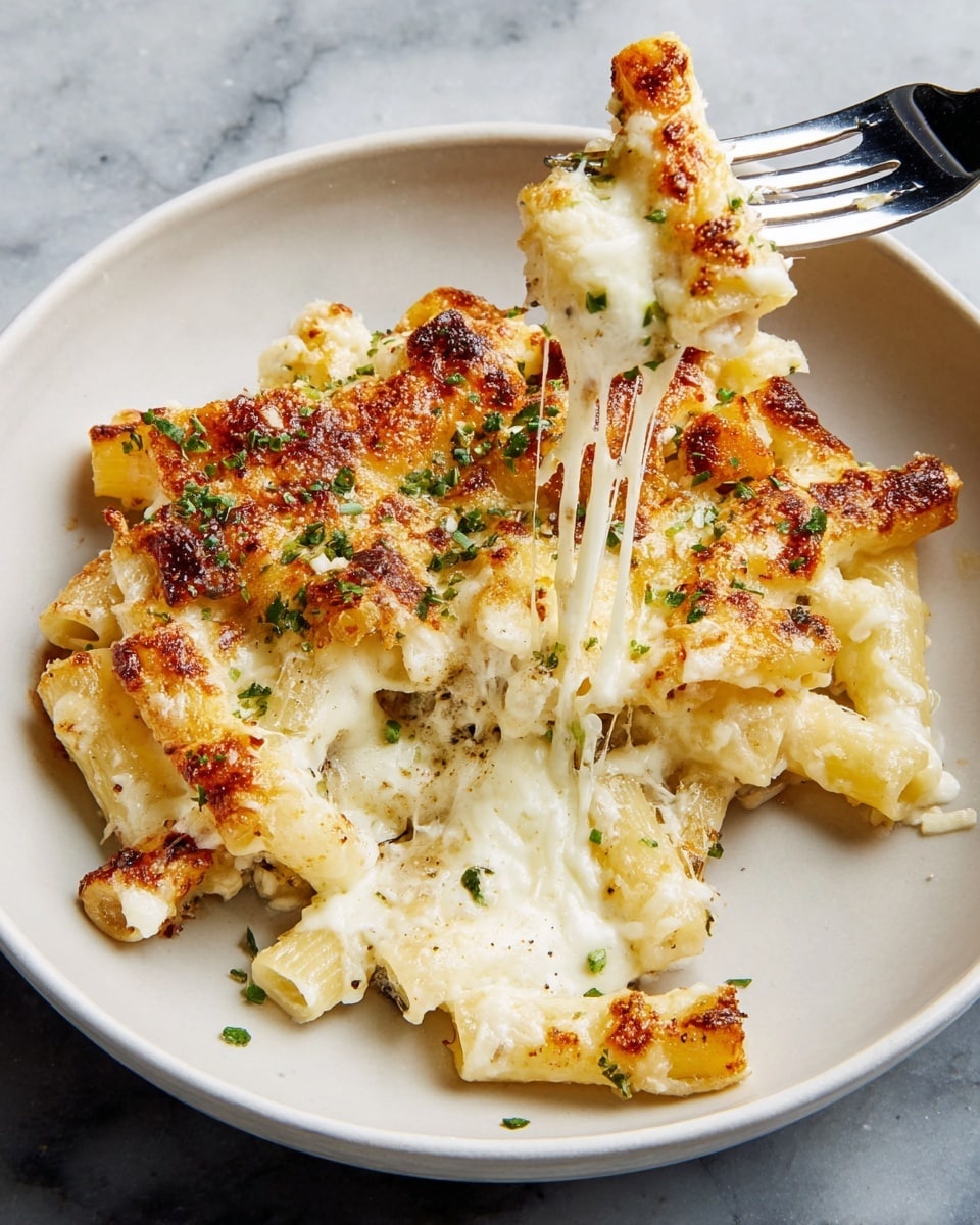 The dish is a baked pasta with three main layers visible. The bottom layer is creamy white pasta tubes, slightly soft and covered with cheese. The middle layer is melted white cheese with a gooey, stretchy texture, pulling away on a fork at the bottom of the plate. The top layer is golden brown and slightly crispy cheese, sprinkled with small green herb bits on top. The food is served in a white bowl on a white marbled surface. photo taken with an iphone --ar 4:5 --v 7