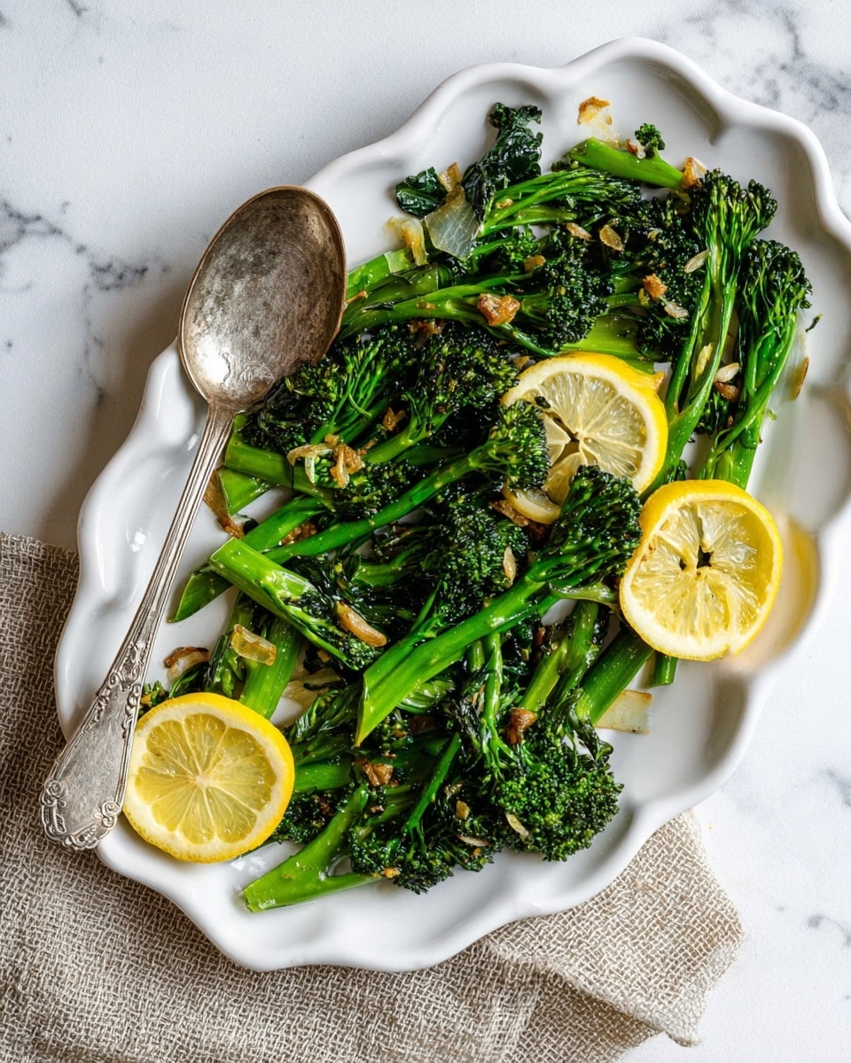 A white scalloped plate holds a serving of cooked broccolini with a mix of green stems and darker green, slightly charred florets scattered across it. Small pieces of light brown minced garlic are sprinkled over the broccolini. Two bright yellow lemon slices with translucent sections lie on top of the vegetable layer, adding a fresh contrast. A vintage silver spoon with an ornate handle rests on the left side of the plate, partially on the broccolini. The plate sits on a white marbled surface, with a textured cloth napkin in the lower right corner. photo taken with an iphone --ar 4:5 --v 7