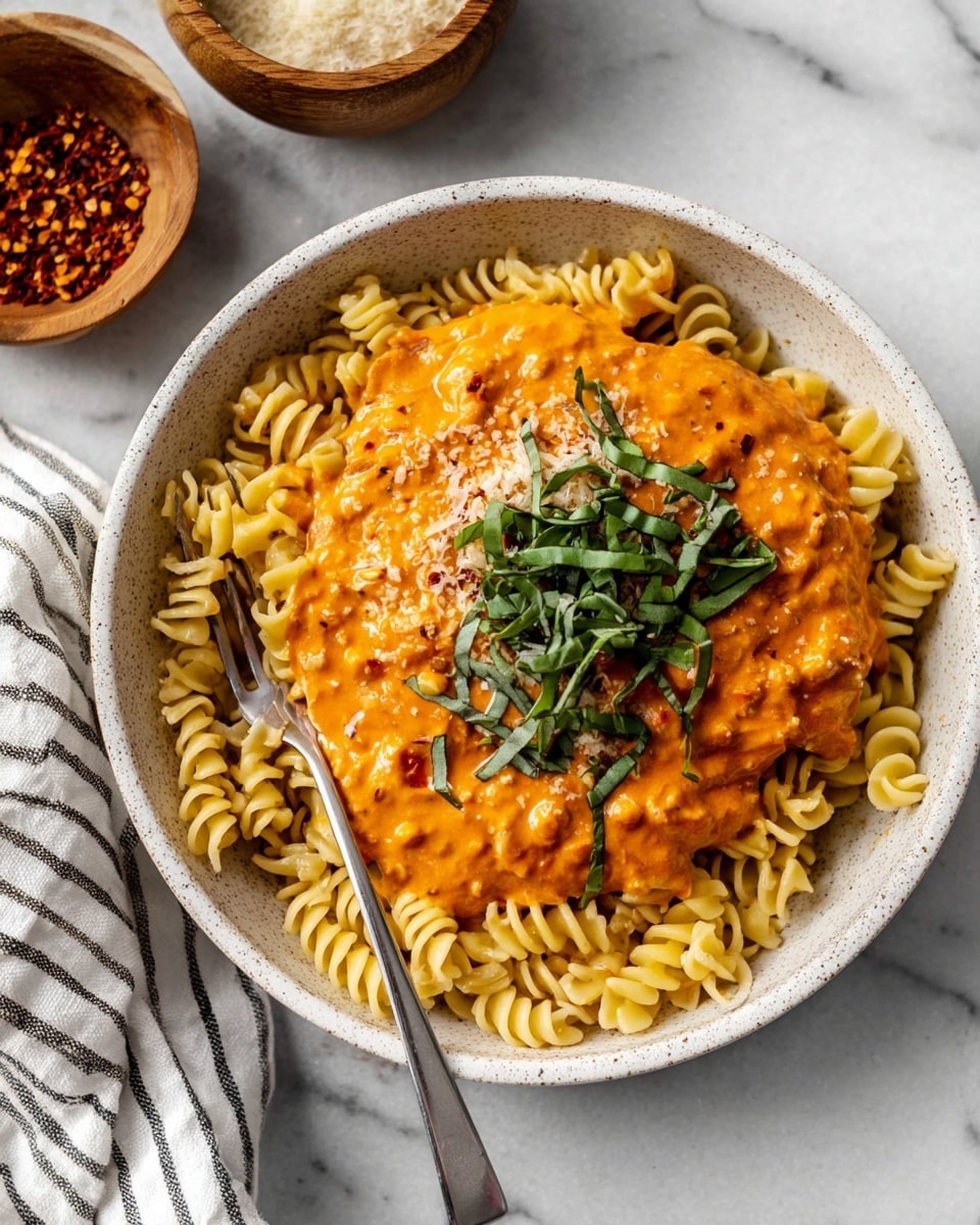 A white speckled bowl filled with three layers: at the bottom is a layer of yellow spiral pasta filling the bowl, the middle layer is a thick orange creamy sauce with a slightly chunky texture spread over the pasta, and the top layer is garnished with thin slices of green basil leaves and a light sprinkle of grated cheese. On the left side of the bowl, a silver fork rests partially inside the pasta layer. The bowl is placed on a white marbled surface with a small wooden bowl of red chili flakes nearby and a striped cloth partially visible in the upper left corner. Photo taken with an iphone --ar 4:5 --v 7