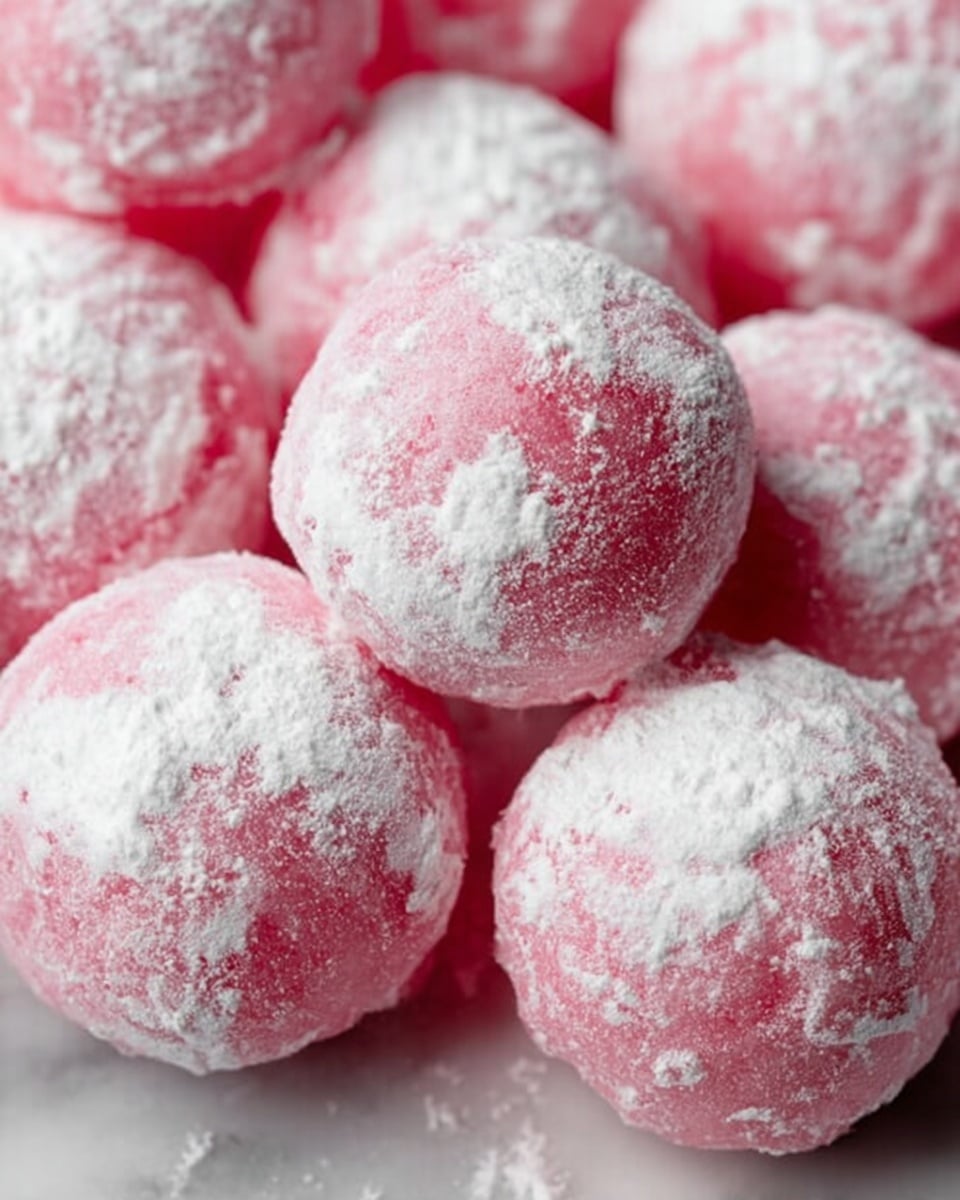 The image shows several small, round pink balls covered with a thin layer of white powdered sugar. The balls are smooth with a slightly shiny texture underneath the powder, and they are closely placed together on a white marbled surface. The powdered sugar is unevenly dusted, making some parts of the pink color visible while others are fully coated in white. Photo taken with an iphone --ar 4:5 --v 7