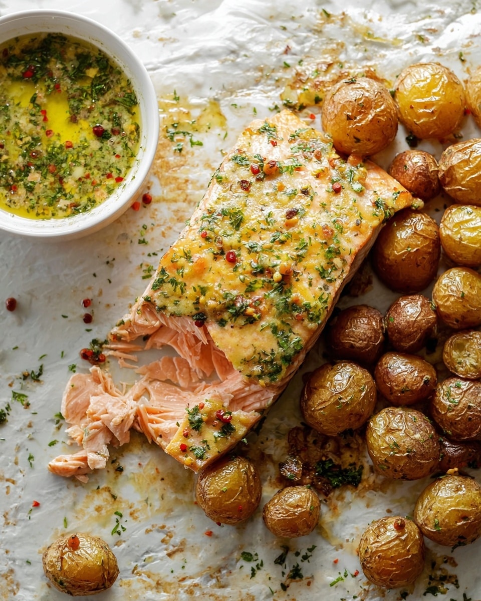 The image shows a large piece of cooked salmon with a light pink flaky inside and a golden-yellow crust on top sprinkled with green herbs and red pepper flakes, positioned in the center. Surrounding the salmon are many roasted baby potatoes, cut in halves, with golden brown skin and a crispy texture. To the upper left is a white bowl filled with a green herb butter sauce that has a smooth texture and melted butter visible. The whole dish sits on a white marbled textured surface with some herbs and cooking marks scattered around. Photo taken with an iphone --ar 4:5 --v 7