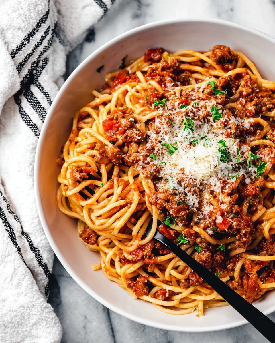 A white bowl filled with spaghetti layered with chunky red tomato sauce mixed with browned ground meat, giving a thick texture throughout. The spaghetti noodles are coated evenly in the sauce, with visible small pieces of tomato and herbs. On top, grated white cheese is sprinkled, adding a light contrast, along with small bits of chopped fresh green herbs. Two black forks are stuck into the pasta from the right side. The bowl sits on a surface with a white marbled texture, and a white cloth with black stripes is nearby. Photo taken with an iphone --ar 4:5 --v 7