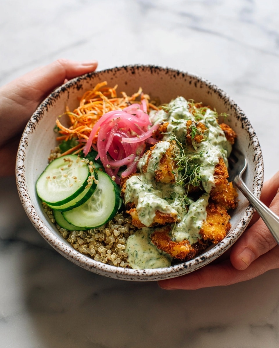 A spoonful of golden, crispy fried pieces covered with a creamy green herb sauce sits on the right side of the bowl. Next to it is a small pile of thinly shredded salad made of orange and green vegetables. On the left side of the bowl, there is a layer of light beige quinoa, topped with fresh, thinly sliced rounds of cucumber with a deep green edge, and a small amount of bright pink pickled onion. The bowl is white with dark brown speckles and is held by two woman's hands over a white marbled surface. photo taken with an iphone --ar 4:5 --v 7