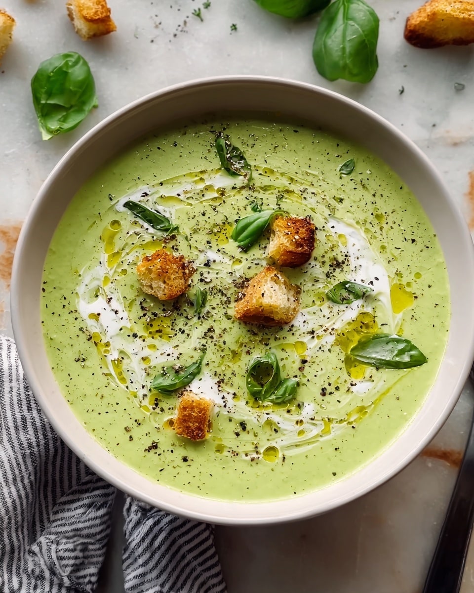 A white bowl filled with smooth, light green soup that looks creamy and thick. On top of the soup, there are golden-brown croutons scattered around. Swirls of white cream make soft loops on the surface, mixed with small drops and thin lines of yellow olive oil. Fresh green basil leaves are spread out on the soup, along with a sprinkling of black pepper or dried herbs. The bowl sits on a white marbled textured surface, with some fresh basil leaves and a striped cloth nearby. Photo taken with an iphone --ar 4:5 --v 7