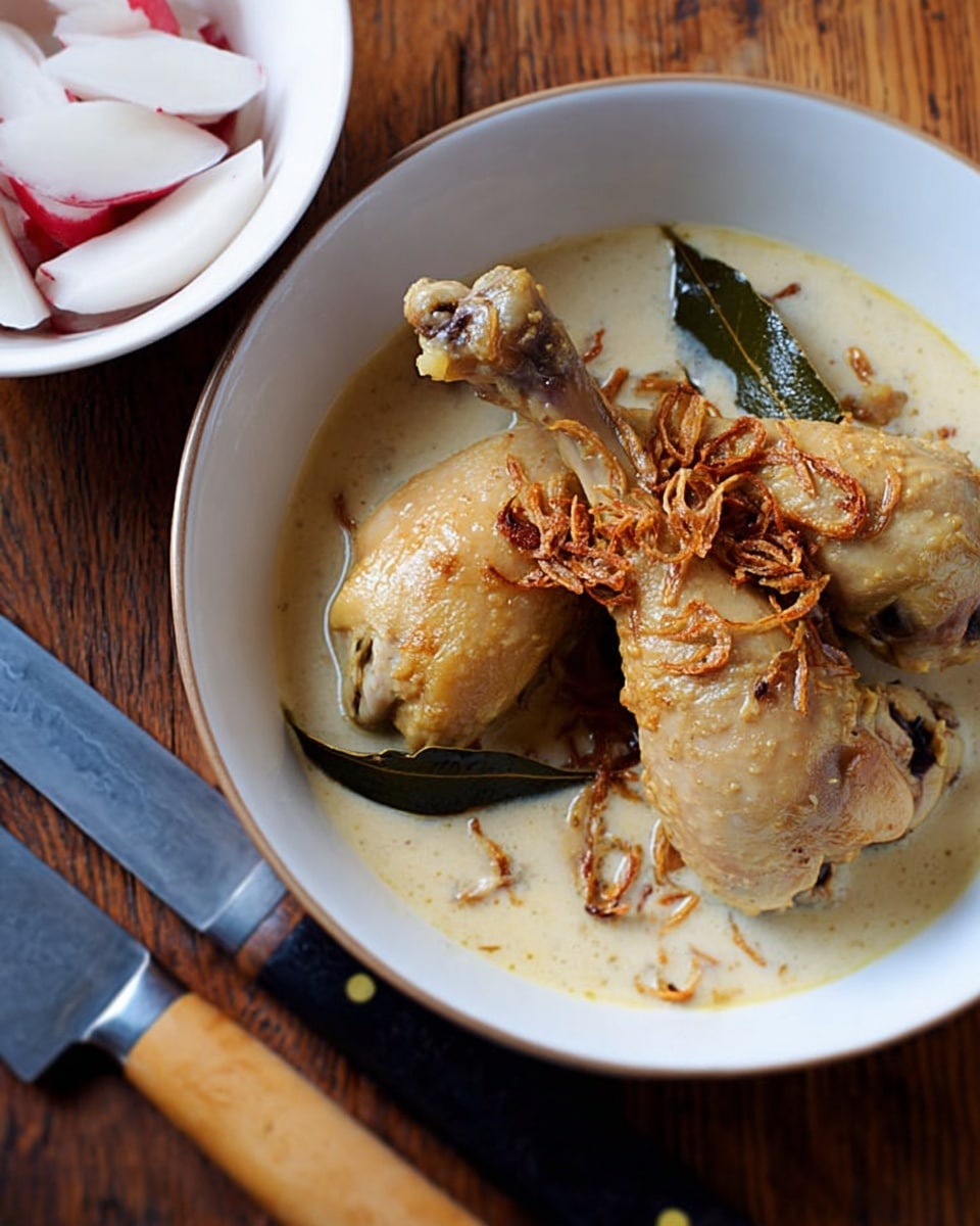 A white bowl holds a dish with two chicken drumsticks partly covered by a light beige creamy sauce that fills the bottom layer, topped with thin, crispy fried shallots scattered on the drumsticks and a dark green bay leaf resting in the sauce beside the chicken. The chicken skin looks soft and slightly shiny from the sauce, with the drumsticks positioned diagonally in the bowl. Next to the bowl, a white bowl with red inside holds white sliced pieces of food, and both bowls are on a wood surface. There are two knives with dark and tan handles near the bowls. photo taken with an iphone --ar 4:5 --v 7