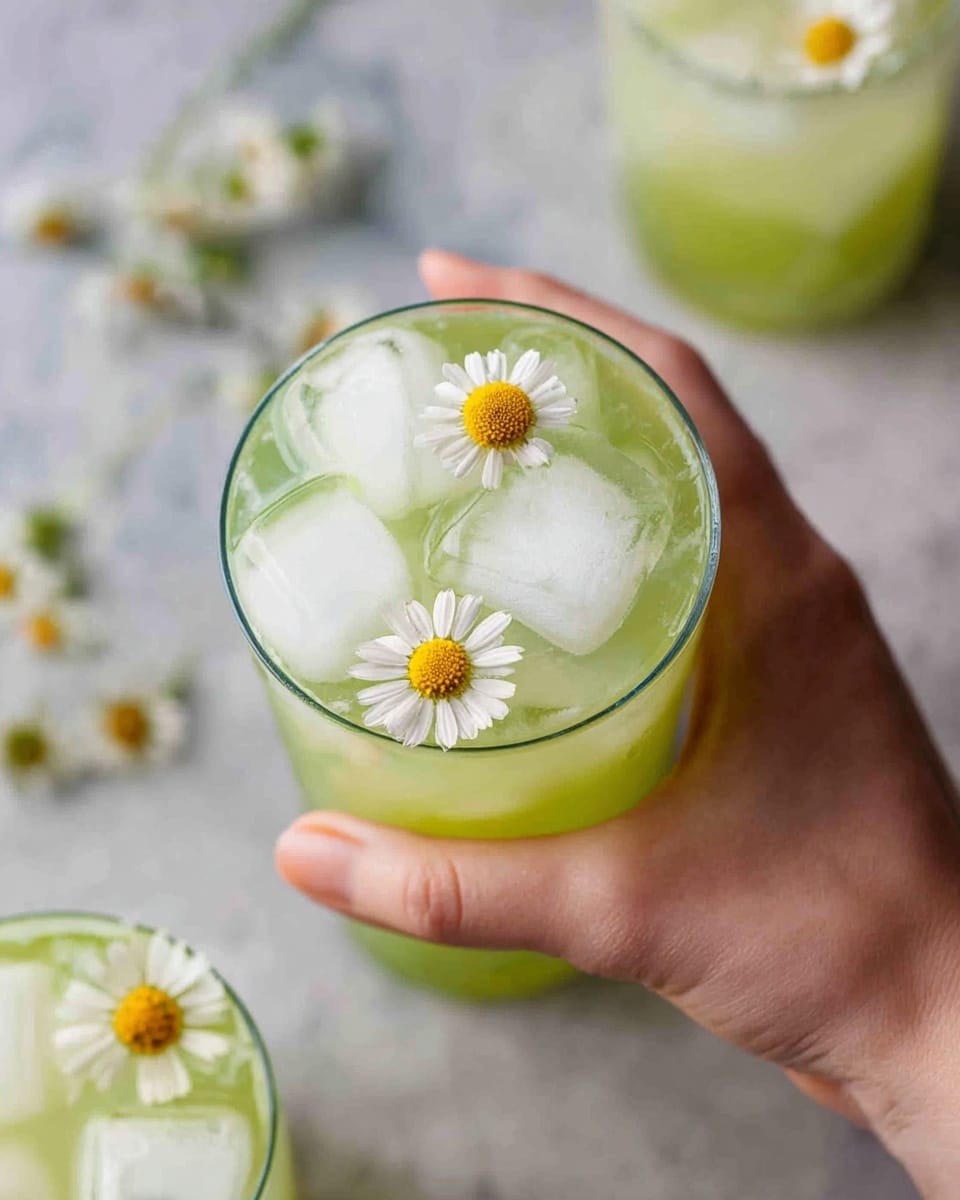 A woman's hand holds a clear glass filled with a pale green drink, topped with four large ice cubes and three small white chamomile flowers with yellow centers floating on the surface. Below the glass, two more glasses with the same drink and chamomile flowers are partially visible, all resting on a white marbled textured background. The drink’s color is light and refreshing, and the ice cubes are slightly frosty, adding a cool look to the image. photo taken with an iphone --ar 4:5 --v 7