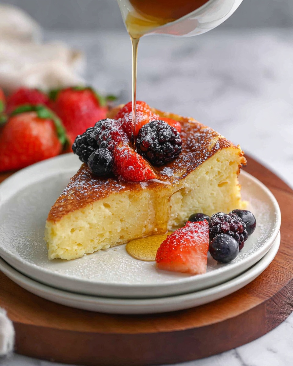 A thick, golden brown pancake slice with a soft, fluffy texture sits on a stack of two white plates. On top of the pancake are fresh berries: bright red strawberry halves, deep black blackberries, and small dark blueberries, all dusted lightly with powdered sugar. Syrup is being poured carefully over the berries and pancake from above, adding a shiny, golden stream that runs down the fruit. The plates rest on a wooden board placed on a white marbled surface, with some sliced strawberries blurred lightly in the background. photo taken with an iphone --ar 4:5 --v 7