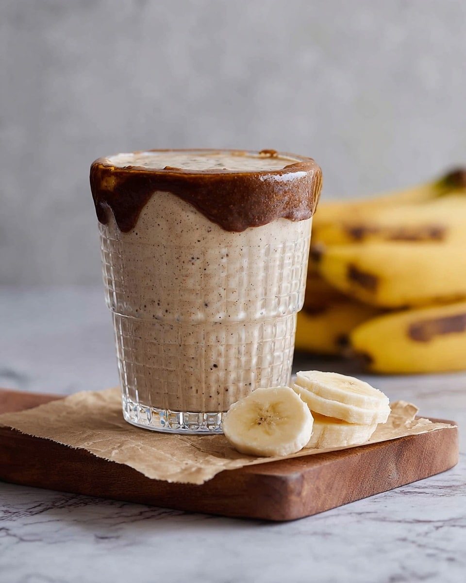 A tall glass is filled to the brim with a thick, creamy smoothie that is light brown with visible tiny dark specks; the top is sprinkled on one side with small black chia seeds, and the rim is coated with a sticky, caramel-colored spread that drips down the side slightly. The glass sits on a wooden board with a white napkin, and in front of it are neatly arranged, slightly curved slices of banana that appear soft and fresh. In the background, a cluster of whole yellow bananas rests against a surface of white marbled texture. Photo taken with an iphone --ar 4:5 --v 7