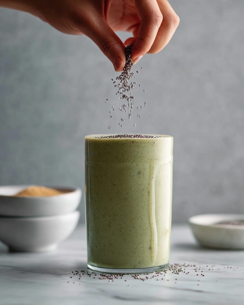 A thick smoothie with a pale greenish-yellow color fills a clear glass nearly to the top, with small dark seeds sprinkled in a small cluster on the surface. The glass sits on a white marbled surface, with a small white bowl filled with smooth brown peanut butter in the lower left corner and three small white bowls with various seeds and powders blurred in the background. The smoothie has a smooth texture and appears rich and creamy, with a small drip near the base of the glass. photo taken with an iphone --ar 4:5 --v 7