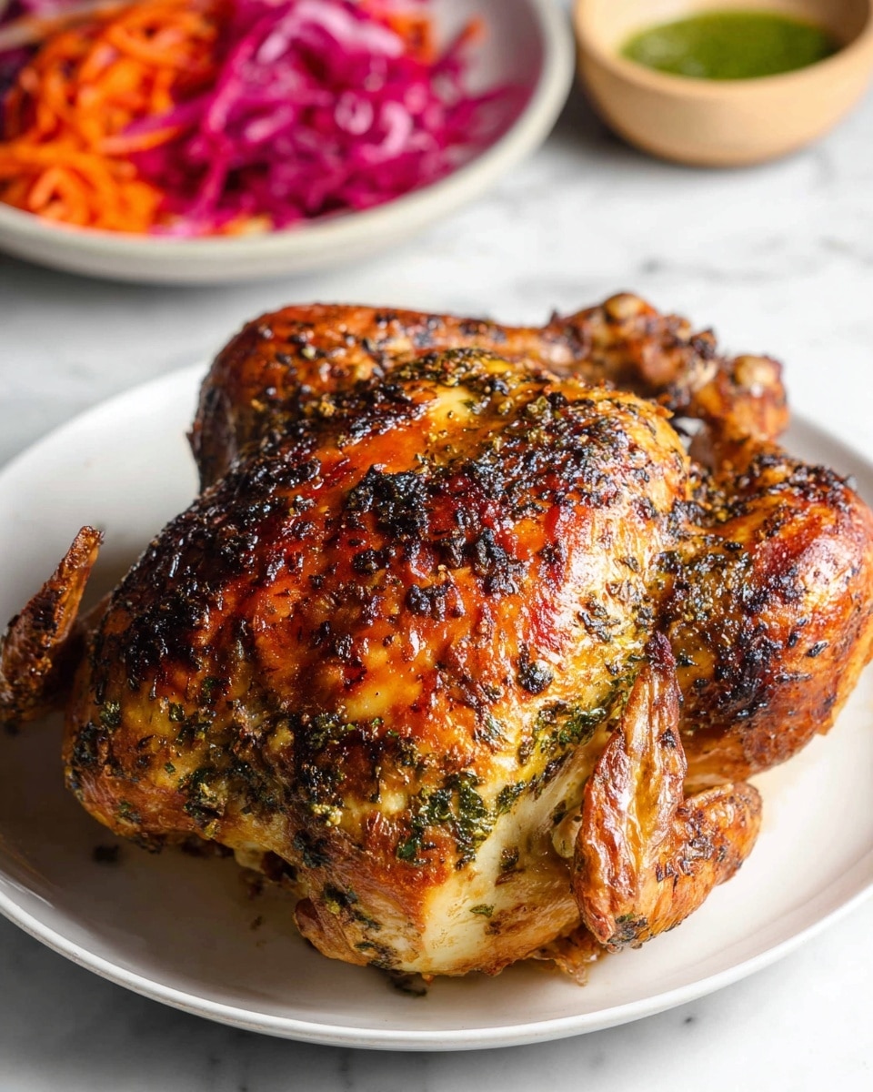 A whole roasted chicken with a golden brown, crispy skin covered in a mix of black and green herbs and spices sits centered on a white plate. The chicken’s surface shows a shiny glaze with a few darker charred spots and visible texture from roasted skin and seasoning. The legs and wings are tucked close to the body, and the chicken fills most of the plate. In the background, there is a white plate with vibrant purple, red, and orange shredded vegetables, slightly blurred, and a beige bowl with green sauce on a white marbled surface. photo taken with an iphone --ar 4:5 --v 7